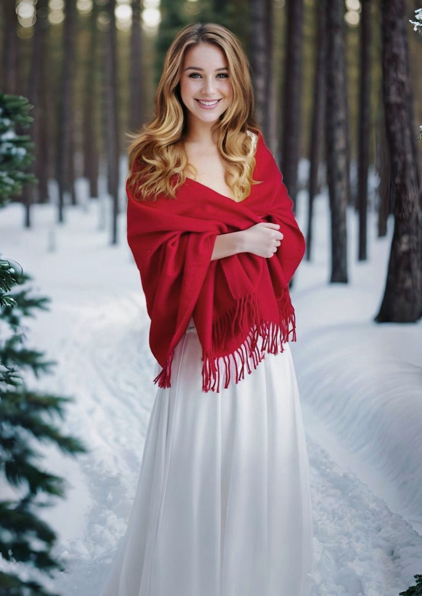 100% Mongolian Cashmere Shawl Wrap Scarf - Soft Luxurious Red Winter Accessory for Women - Perfect for Cold Weather, Travel & Gift Giving