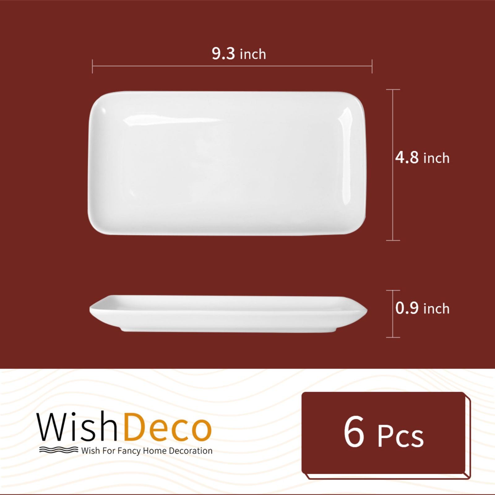 6-Piece White Ceramic Rectangle Serving Platter Set - 9 Inch (23cm) Small Dinner Plates for Desserts, Sushi, Appetizers & Party Side Dishes - Perfect for Entertaining, Buffets & Home Dining