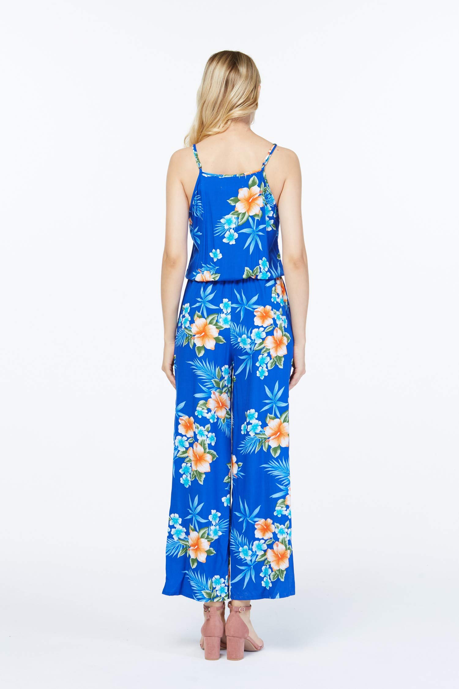 Hawaiian Couple Matching Luau Shirts & Jumpsuits - Floral Hibiscus Blue Outfits for Beach Parties, Summer Vacations, and Tropical Themed Events