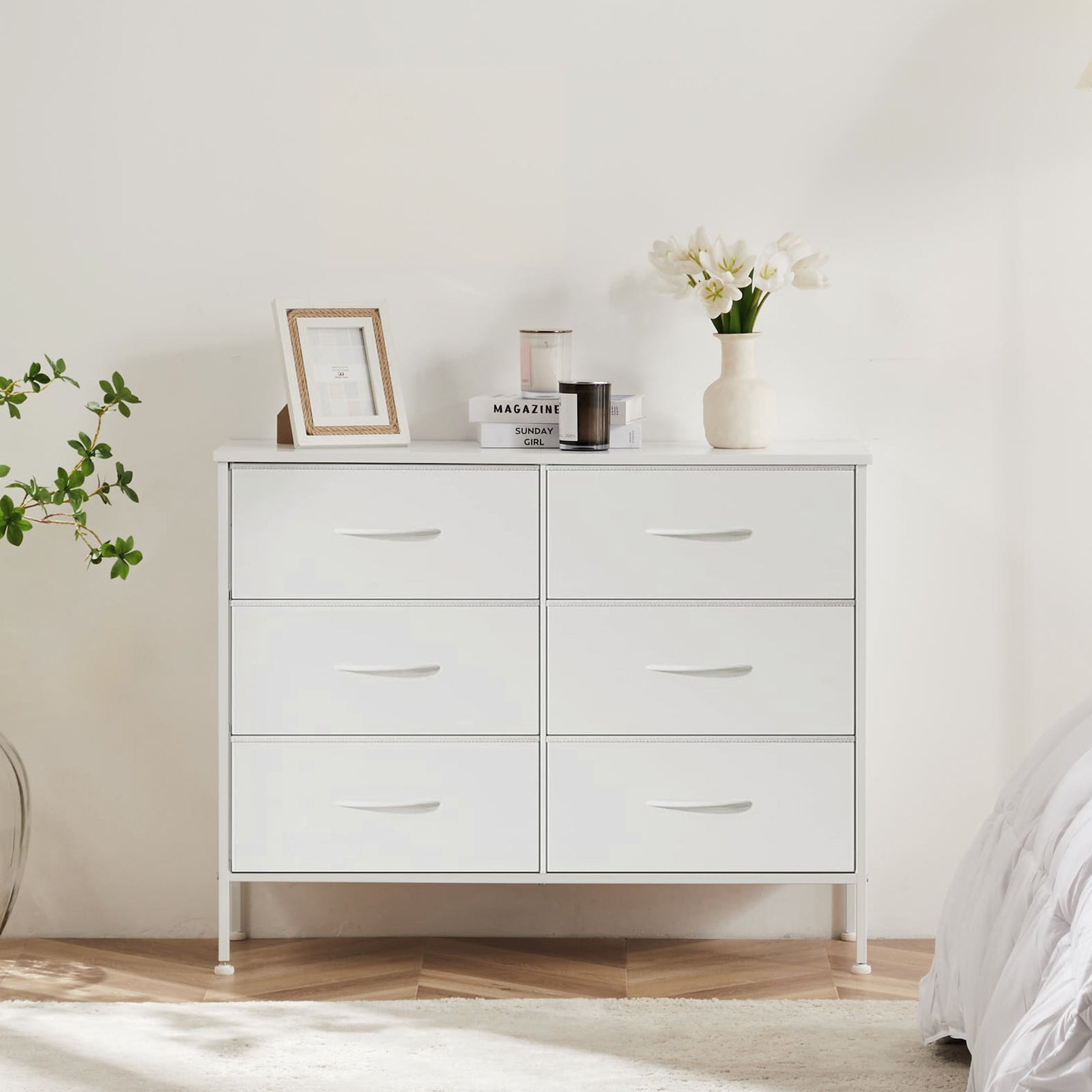 6-Drawer Wide Fabric Dresser for Bedroom with Metal Frame & Wooden Top - TV Stand, Clothes Storage Organizer for Master Bedroom, Guest Room & Dormitory