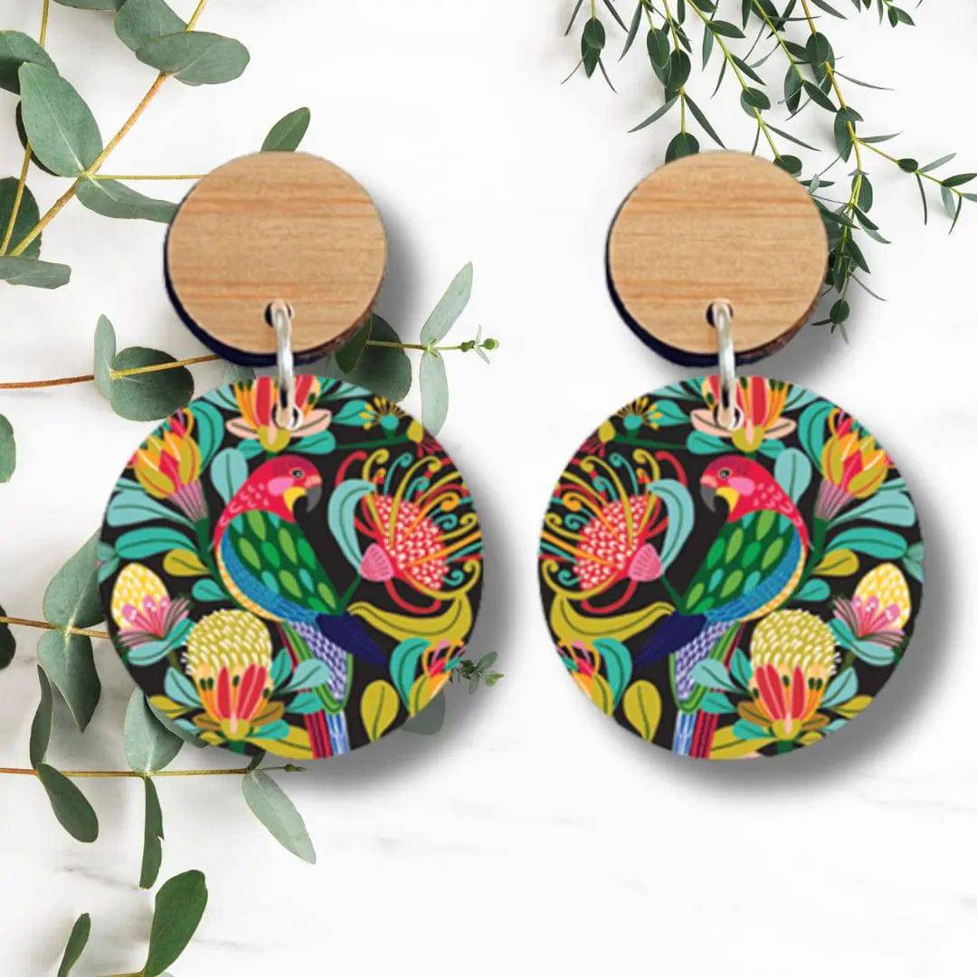Handmade Australian Rosella Parrot Wooden Earrings - Unique Boho Bird Jewelry for Women - Perfect for Festivals, Parties & Nature Lovers