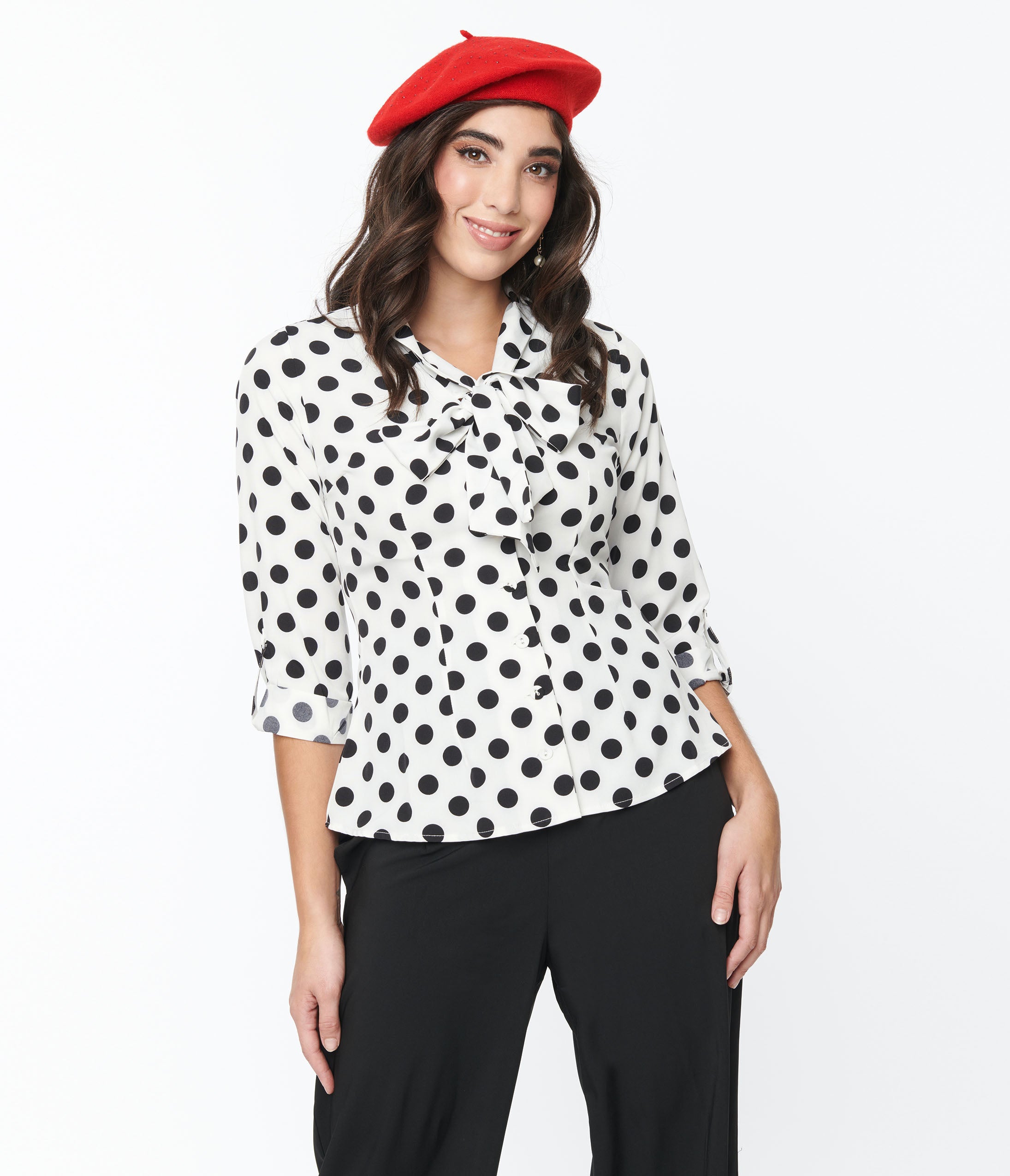 Vintage 1940s Sheer White & Black Polka Dot Olivia Blouse - Retro Fashion for Women, Perfect for Themed Parties & Vintage Style Outfits