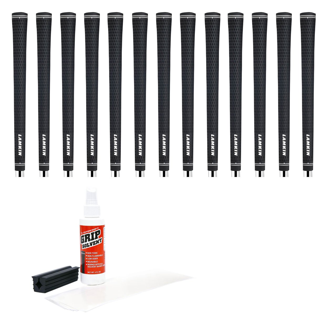 Lamkin Crossline Black Oversize Golf Grips - 13 Piece Kit with Grip Tape, Solvent & Vise Clamp | Premium Golf Club Grips for Improved Comfort & Control | Perfect for Golf Club Regripping & Home Workshop Use