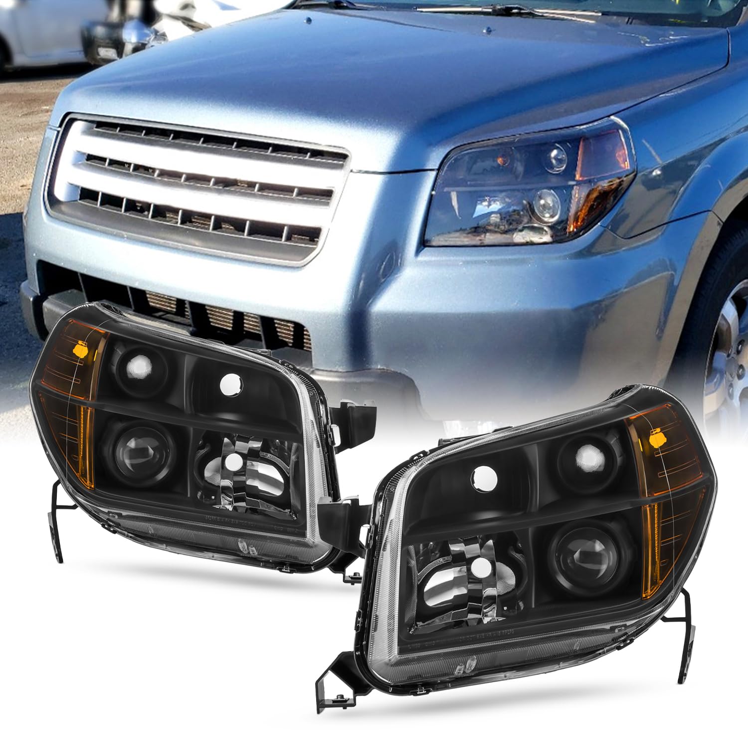 AKKON Replacement Projector Headlights for Honda Pilot - Black Driver Left & Passenger Right Side Head Lamps | Enhanced Night Visibility & Style Upgrade
