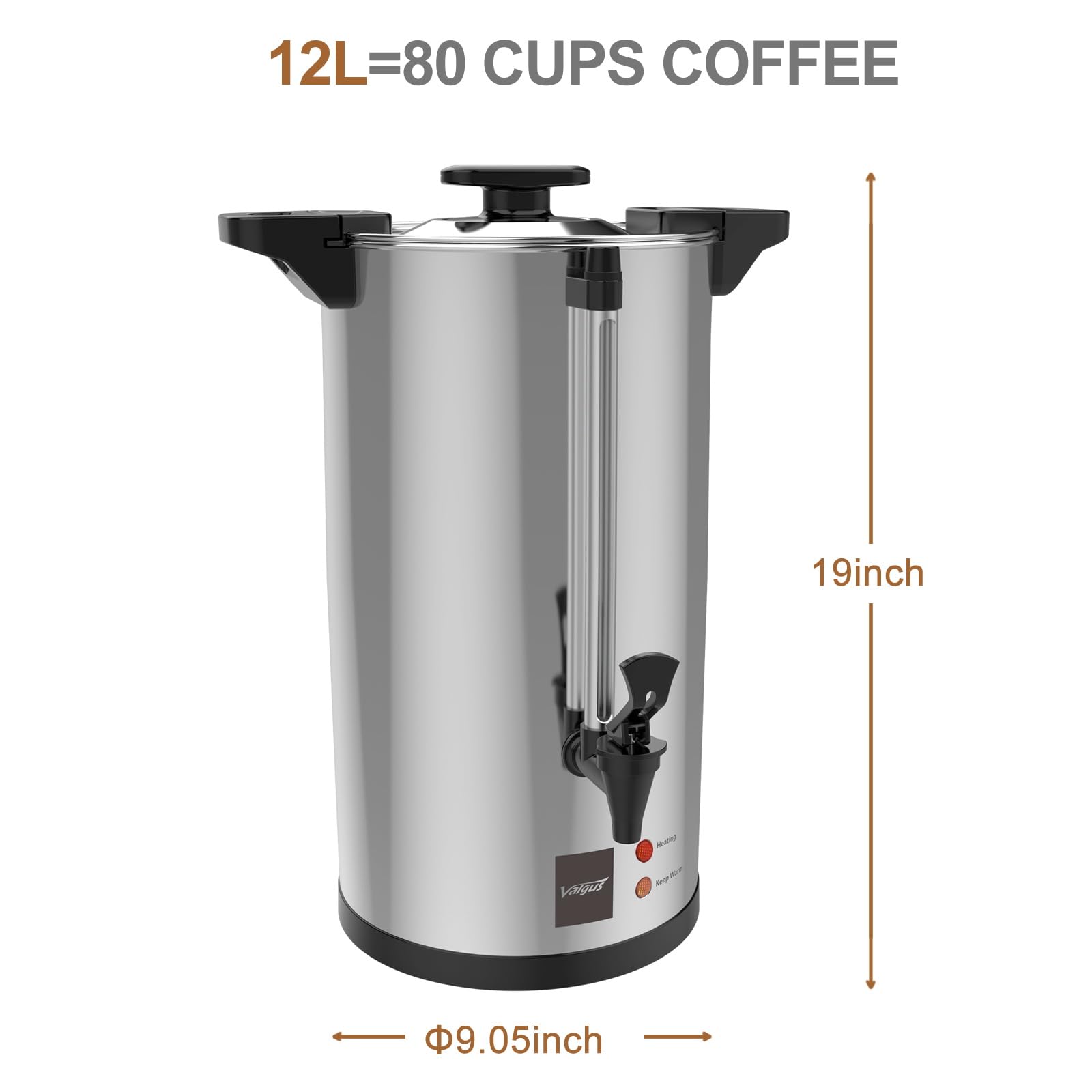 Valgus Commercial Grade 12L Stainless Steel Coffee Urn - 80 Cup Percolator with Auto Temperature Control | Perfect for Parties, Office, Weddings & Catering Events | Large Capacity Hot Water Dispenser for Crowds