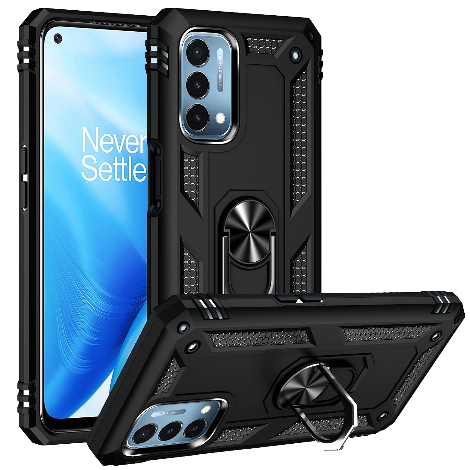 Military Grade Drop Impact Case for OnePlus Nord N200 5G - Heavy Duty Shockproof Phone Cover with 360° Metal Rotating Ring & Kickstand Holder - Perfect for Outdoor Activities, Work & Travel (Black)