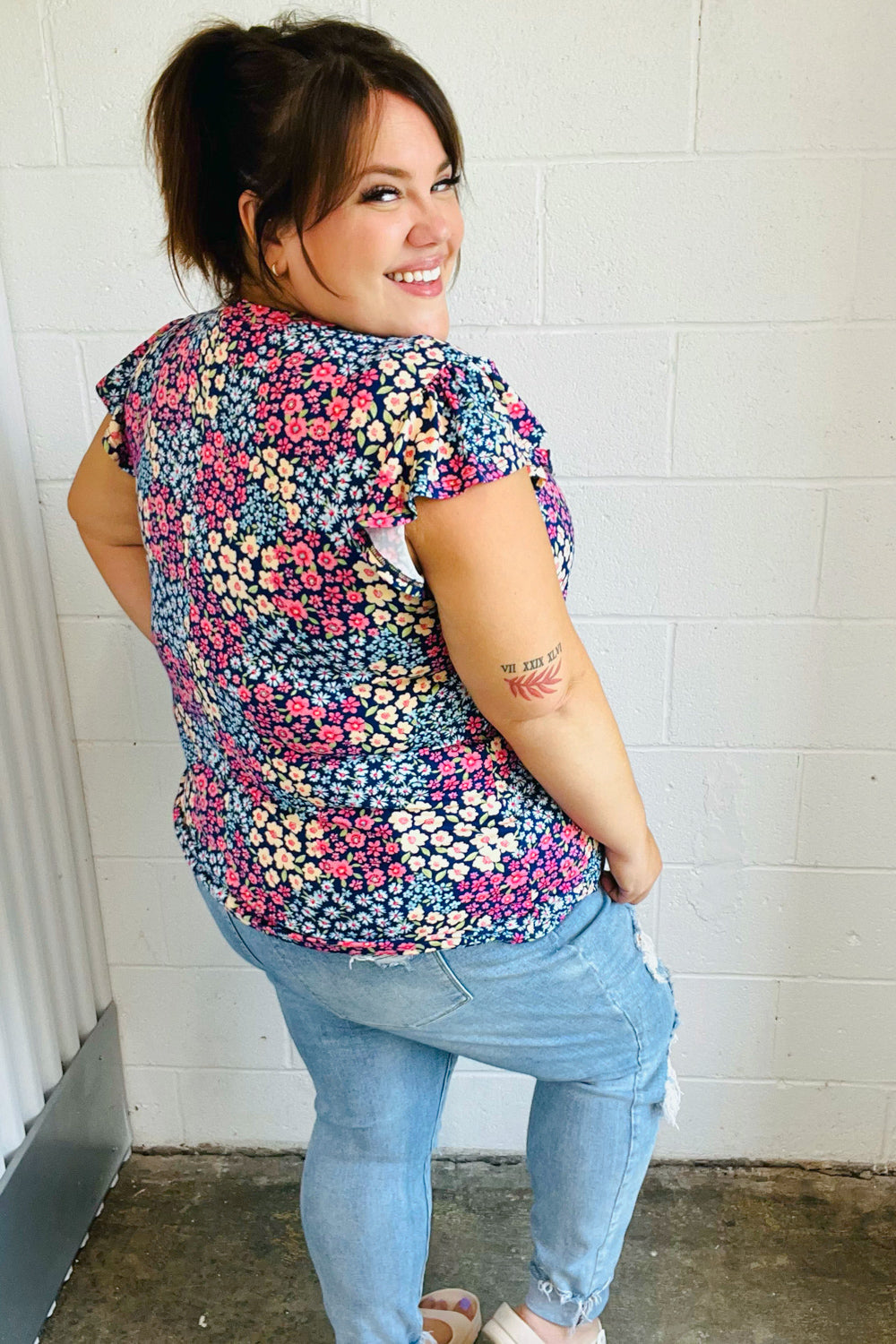 Navy Blue Floral Print Short Sleeve Blouse with Frilled Yoke - Women's Casual Summer Tops for Beach, Vacation & Date Night Outfits