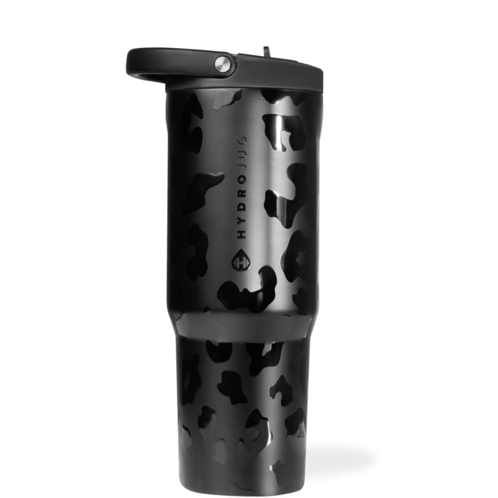 HydroJug Sport - 32oz Stainless Steel Vacuum Insulated Water Bottle with Straw | Leakproof, Dishwasher Safe & Durable | Ergonomic Design with Rubber Base | Perfect for Gym, Hiking, Workouts & Outdoor Activities | Black Leopard Print