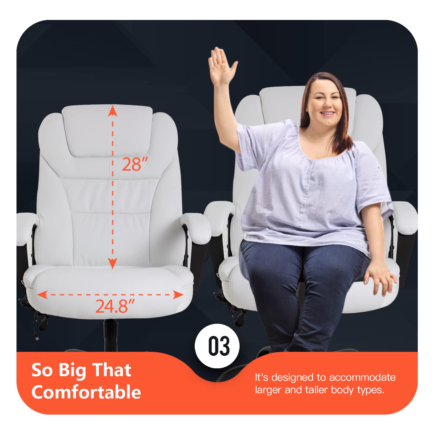 Big and Tall 500lbs Ergonomic Office Chair - High Back PU Leather Executive Desk Chair with Lumbar Support & Adjustable Arms - Wide Seat Computer Task Chair for Home Office (White) - Perfect for Long Work Hours & Heavy-Duty Use