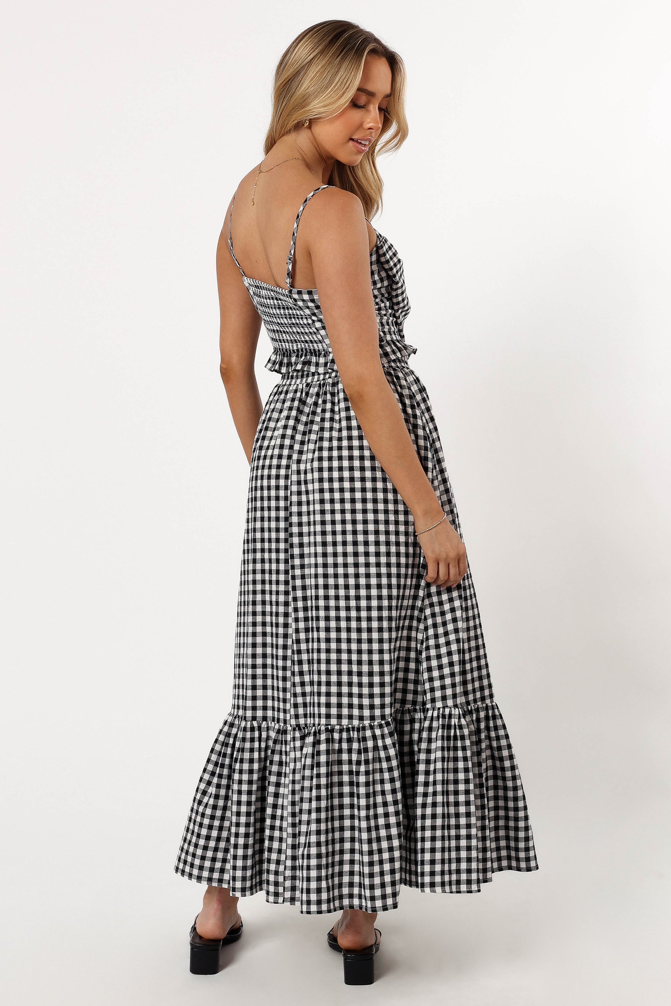 Bambi Tiered Midi Skirt - Black Gingham Checkered Flowy Summer Skirt for Women | Casual Outfits, Beach Wear & Date Night Dresses