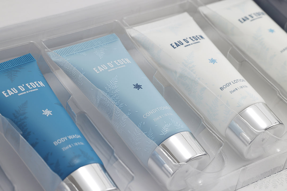 (10 Boxes) EAU D'EDEN Luxury Travel Toiletries Gift Set - 10-Piece Mini Bath & Body Essentials Kit for Hotels, Airplanes, Camping & Vacation | Shampoo, Conditioner, Lotion & More