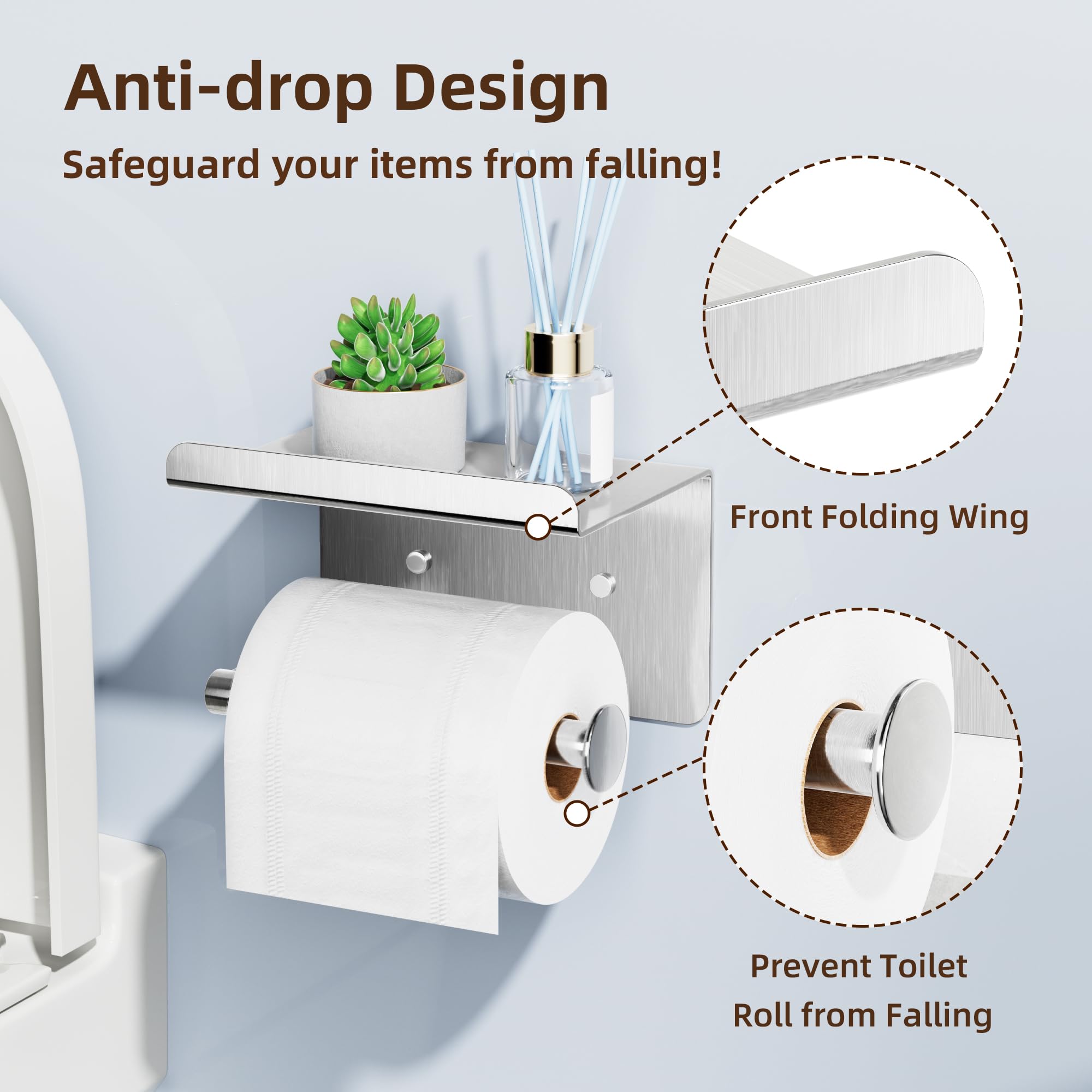 Stick-On Toilet Paper Holder with Phone Shelf - Wall Mounted Rustproof Bathroom Tissue Roll Holder with Storage Shelf - Space Saving Bathroom Organizer for Small Spaces (Silver) - Perfect for Apartments, RVs, and Compact Bathrooms