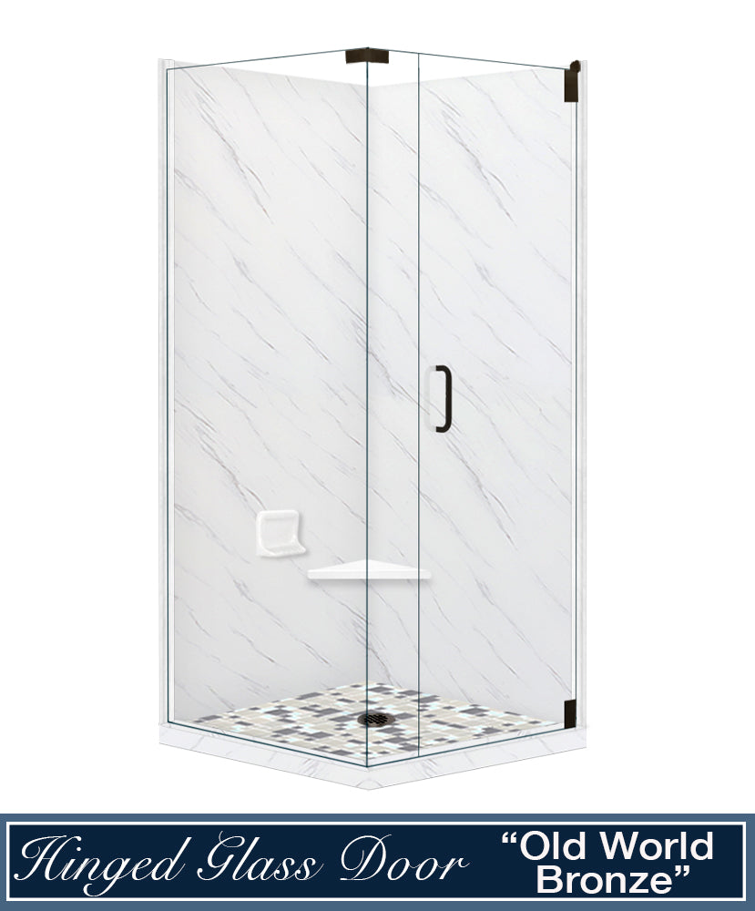 Premium Carrara Marble Newport Mosaic Corner Shower Enclosure Kit - Waterproof Bathroom Upgrade for Modern Homes & Luxury Hotels
