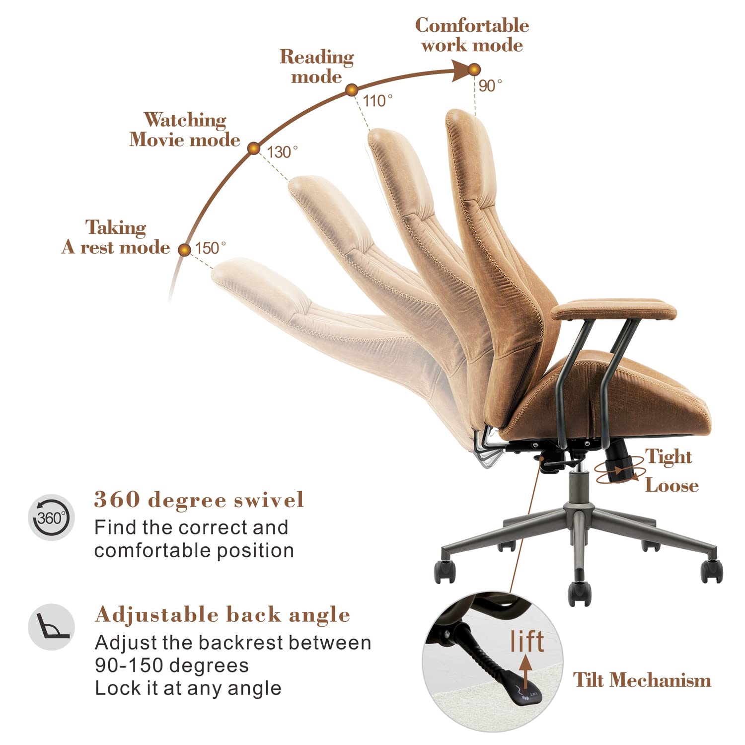 Ergonomic High Back Office Chair - Modern Suede Fabric Computer Desk Chair for Home & Executive Office - Comfortable & Adjustable for Long Hours of Work (Brown) - Perfect for Remote Work, Gaming & Study Sessions
