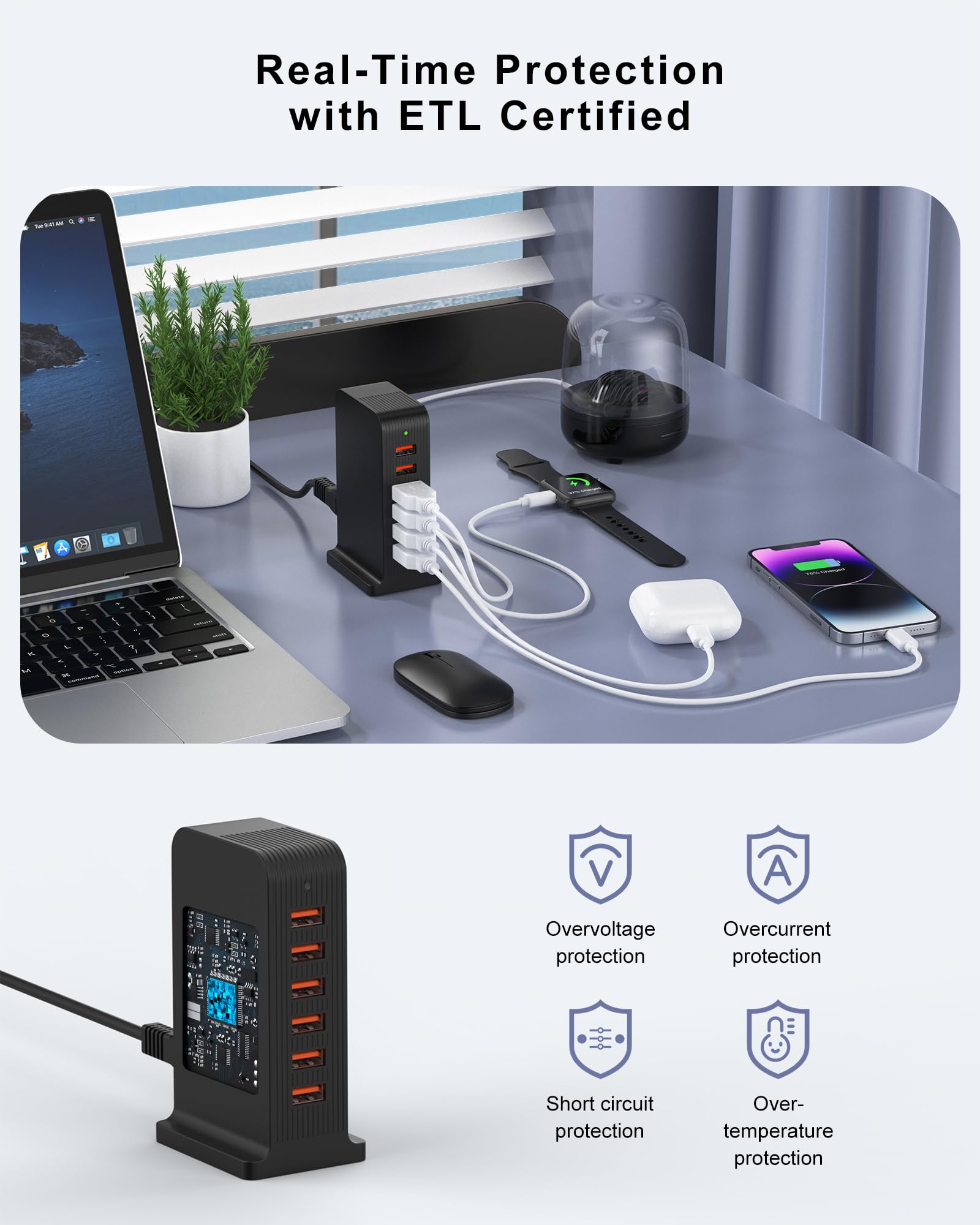 50W 6-Port USB Tower Charging Station - Fast Multi-Device Charger Block with 10A Shared Power (Black) - Perfect for Home, Office & Travel to Charge Phones, Tablets, Smartwatches & More
