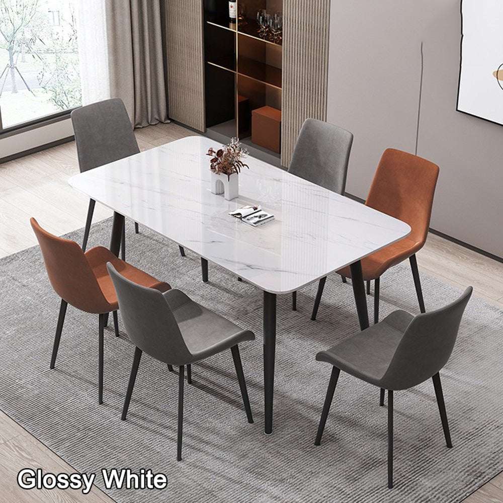 120x60cm Glossy White Minimalist Slate Kitchen Dining Table - Marble Look Lunch & Dinner Table with Sturdy Metal Legs - Perfect for Small Spaces, Apartments & Modern Home Decor