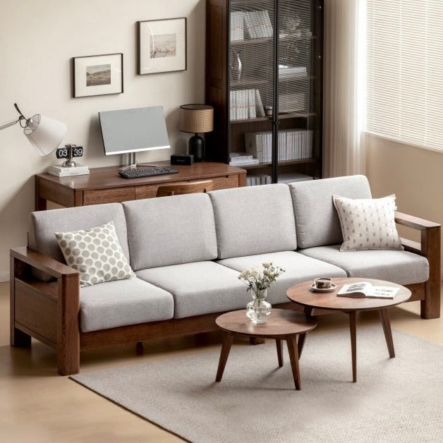 Solid Oak Wood Walnut Fabric Sofa - Modern Living Room Furniture for Home & Office Comfort