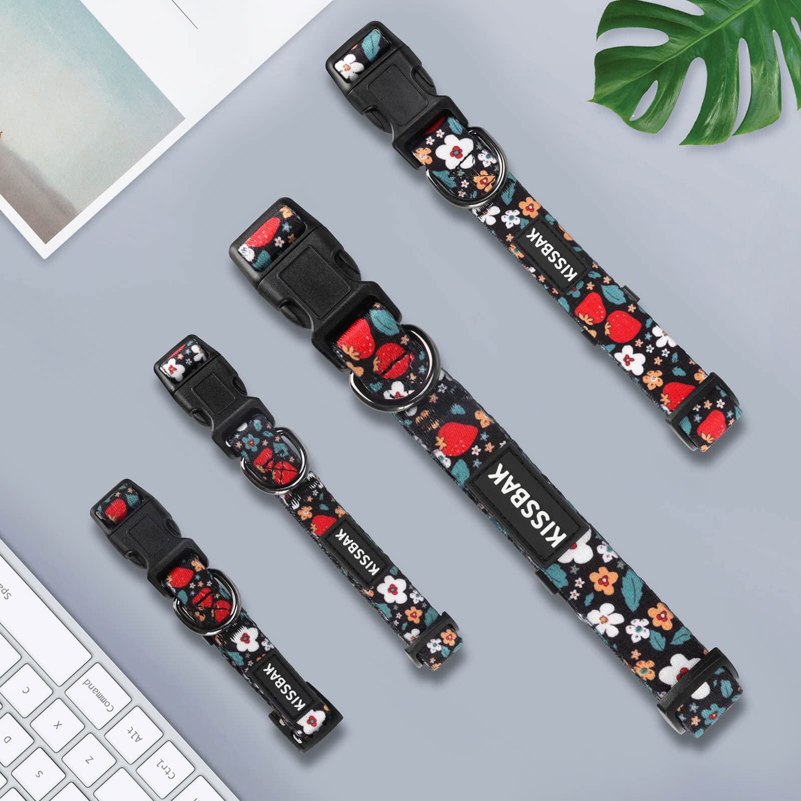 KISSBAK Adjustable Floral Dog Collar for Large Dogs - Soft Cute Strawberry Design Pet Collar for Girl Puppies | Perfect for Daily Walks, Training & Fashion Accessories (Size L)