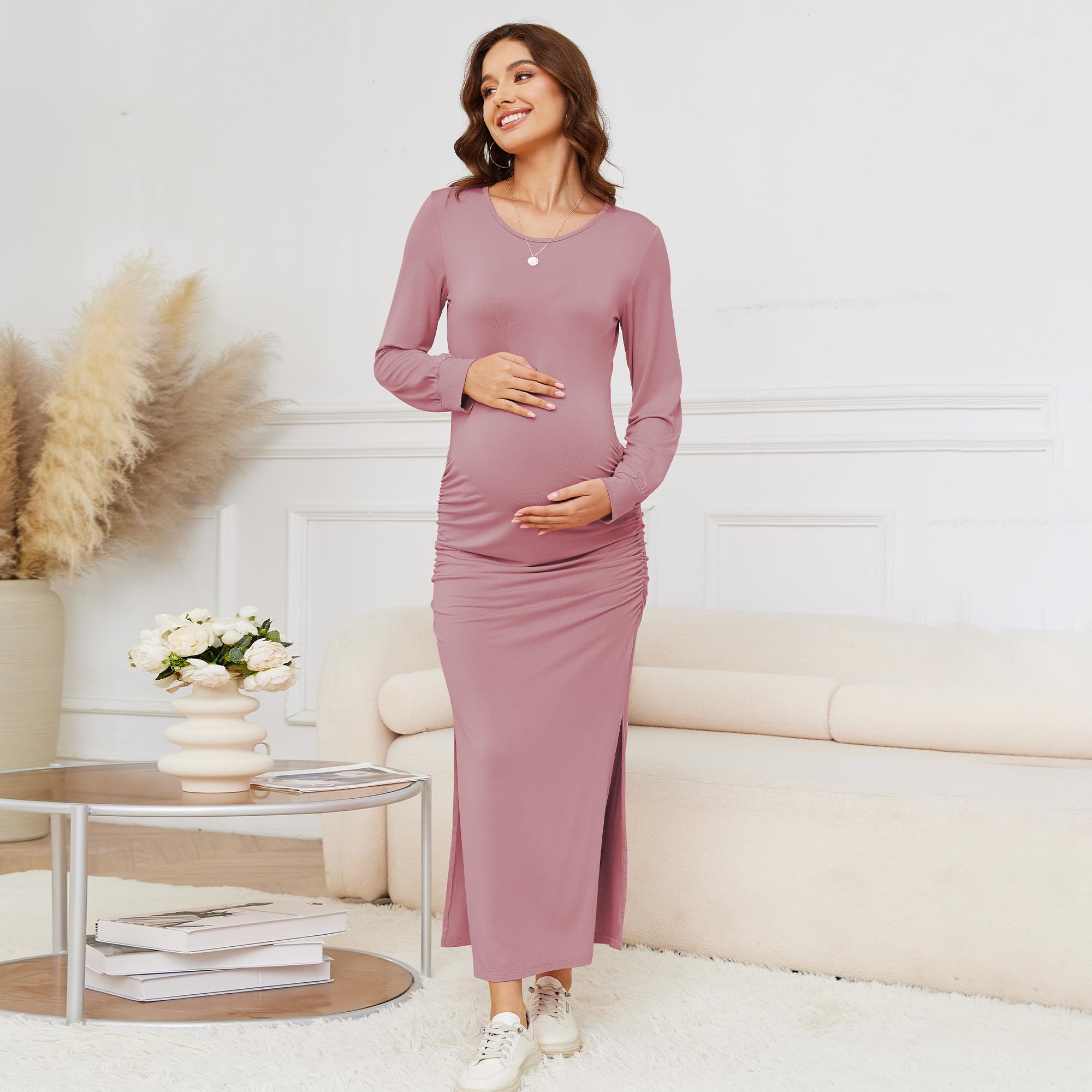 **2025 Spring Women's Maternity Dress - Long Sleeve Bodycon Maxi Dress with Side Split for Baby Shower & Pregnancy - Perfect for Maternity Photos, Parties & Everyday Wear**