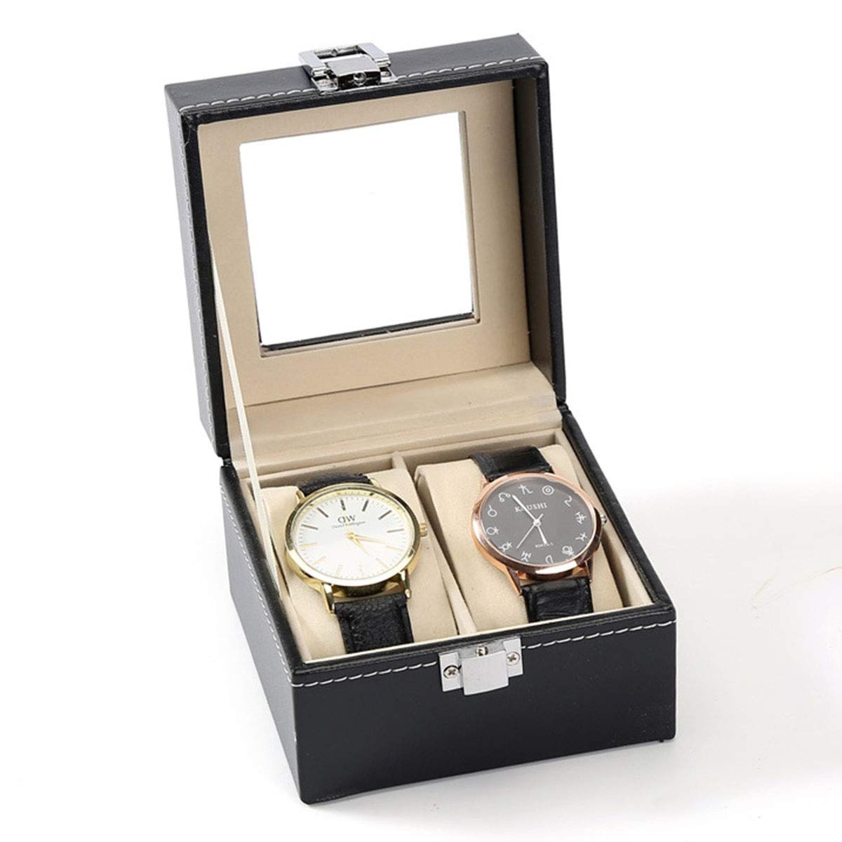 2-Slot PU Leather Watch Box with Lock - Travel Jewelry Storage Case for Men & Women | Glass Top Organizer for Home & Travel
