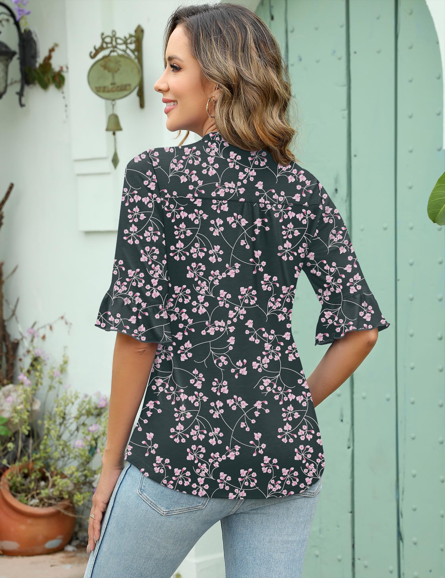 Rapbin Women's 3/4 Sleeve Loose Fit Casual Crew Neck Ruffle Tunic Blouse - Perfect for Office, Date Night & Weekend Outings
