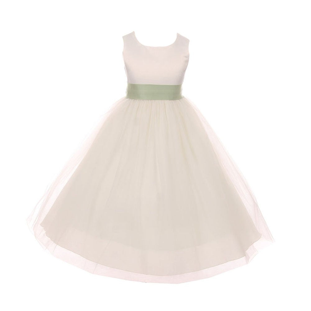 Ivory Sage Tulle Satin Sash Junior Bridesmaid Dress for Big Girls Size 8-14 | Flower Girl & Special Occasion Formal Gown