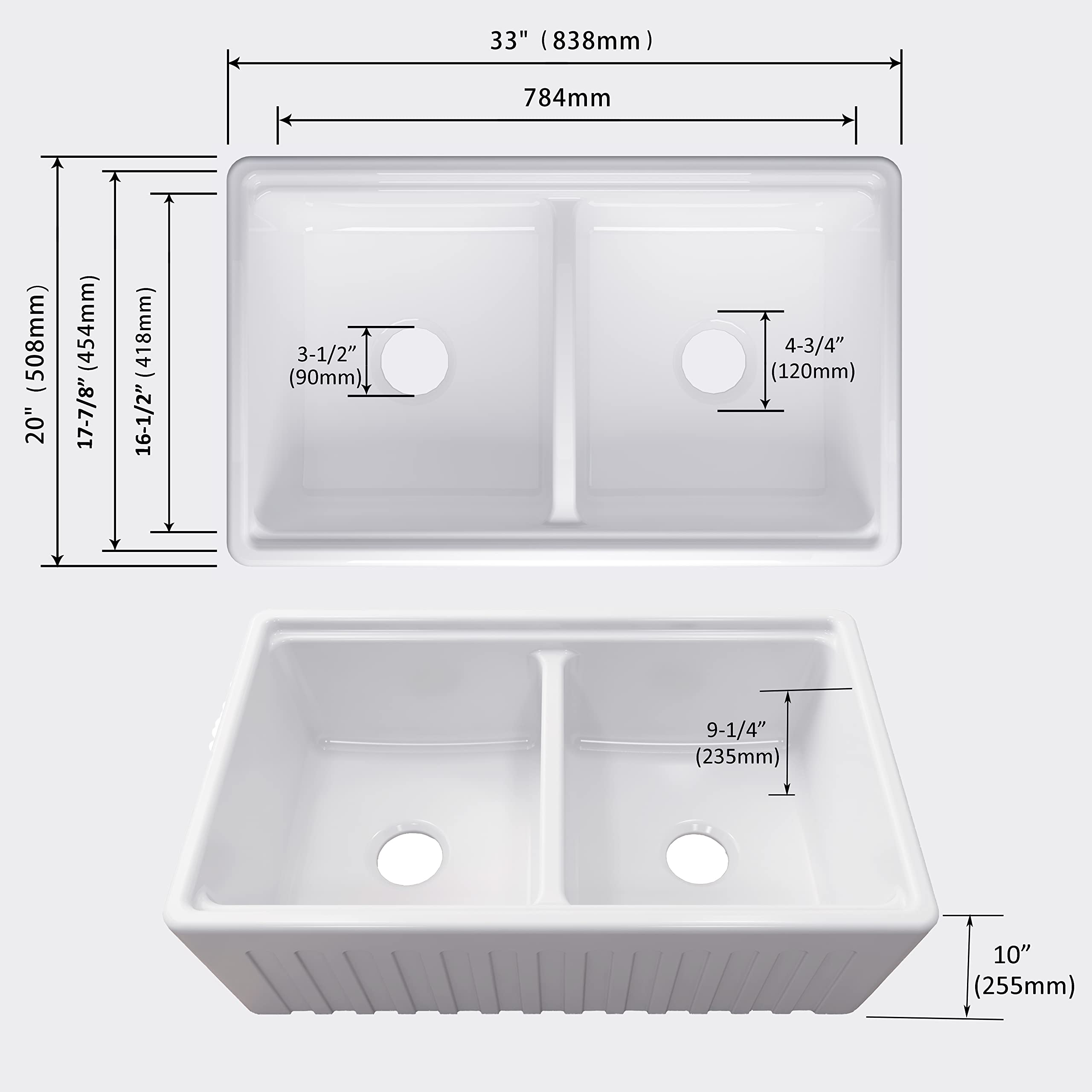 MEJE #KS 33x20 Inch 50/50 Double Bowl Ceramic Farmhouse Kitchen Sink with Apron-Front Design, Step Rim Workstation, Cutting Board, Grid & Strainer - White | Perfect for Modern Farmhouse, Rustic & Country Style Kitchens