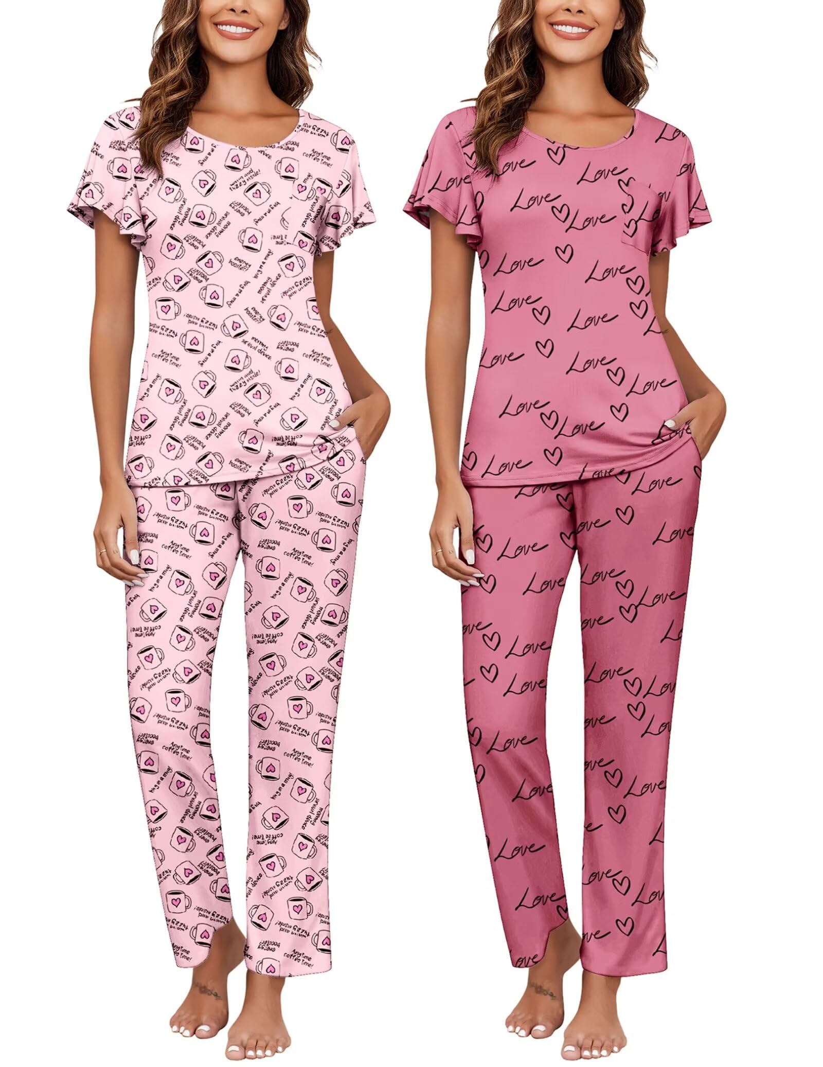 Ekouaer Women's Pajama Set - 2 Pack Soft Short Sleeve Sleepwear with Long Pants & Pockets - Cozy Printed Lounge Pajamas for Nighttime Comfort, Relaxing at Home, and Sleepovers
