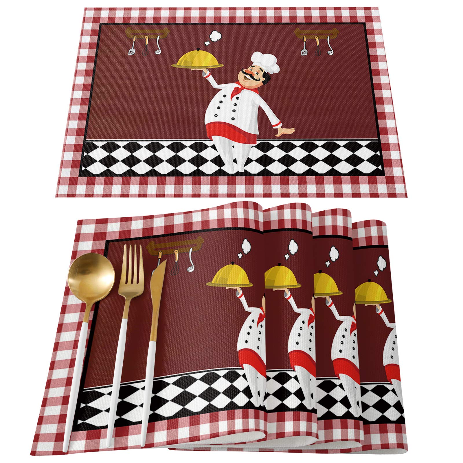 6-Pack Round Non-Slip Heat Resistant Washable Kitchen Table Placemats - Cartoon Chef Buffalo Plaid Design for Dining Room, Perfect for Family Meals, Kids Parties & Holiday Gatherings