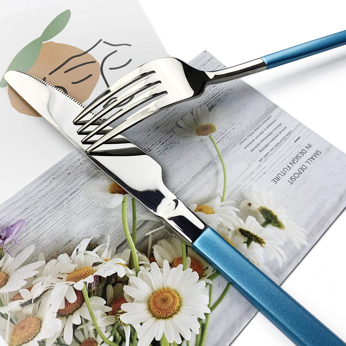 Premium 20-Piece Silverware Set - 18/10 Stainless Steel Flatware Service for 4 (Forks, Spoons, Knives) - Square Edge & Mirror Polished - Dishwasher Safe - Elegant Blue Silver - Perfect for Dinner Parties, Restaurants & Everyday Dining