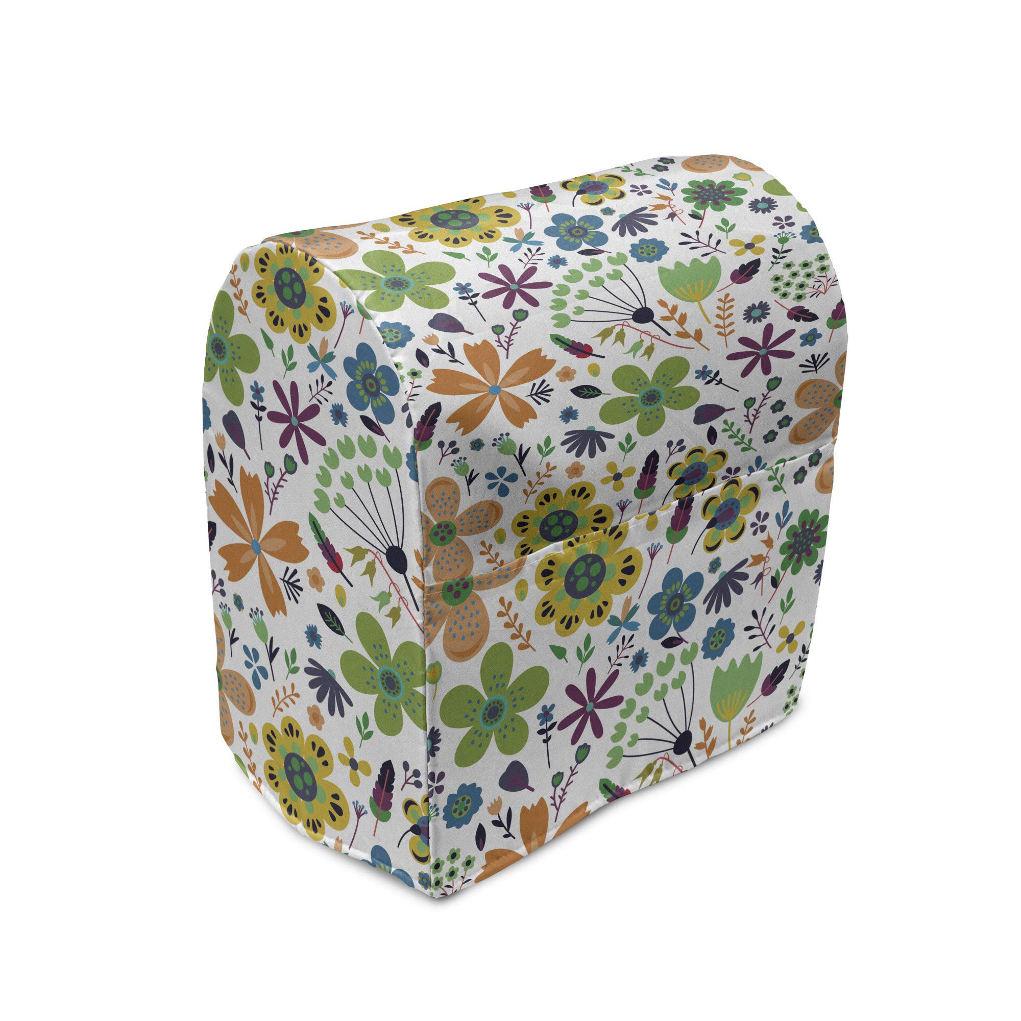 Ambesonne 6-8 Quart Stand Mixer Cover with Pocket - Floral Pattern Pointy Petals & Circular Shapes on White Multicolor Backdrop - Kitchen Appliance Organizer for Baking, Cooking & Countertop Storage