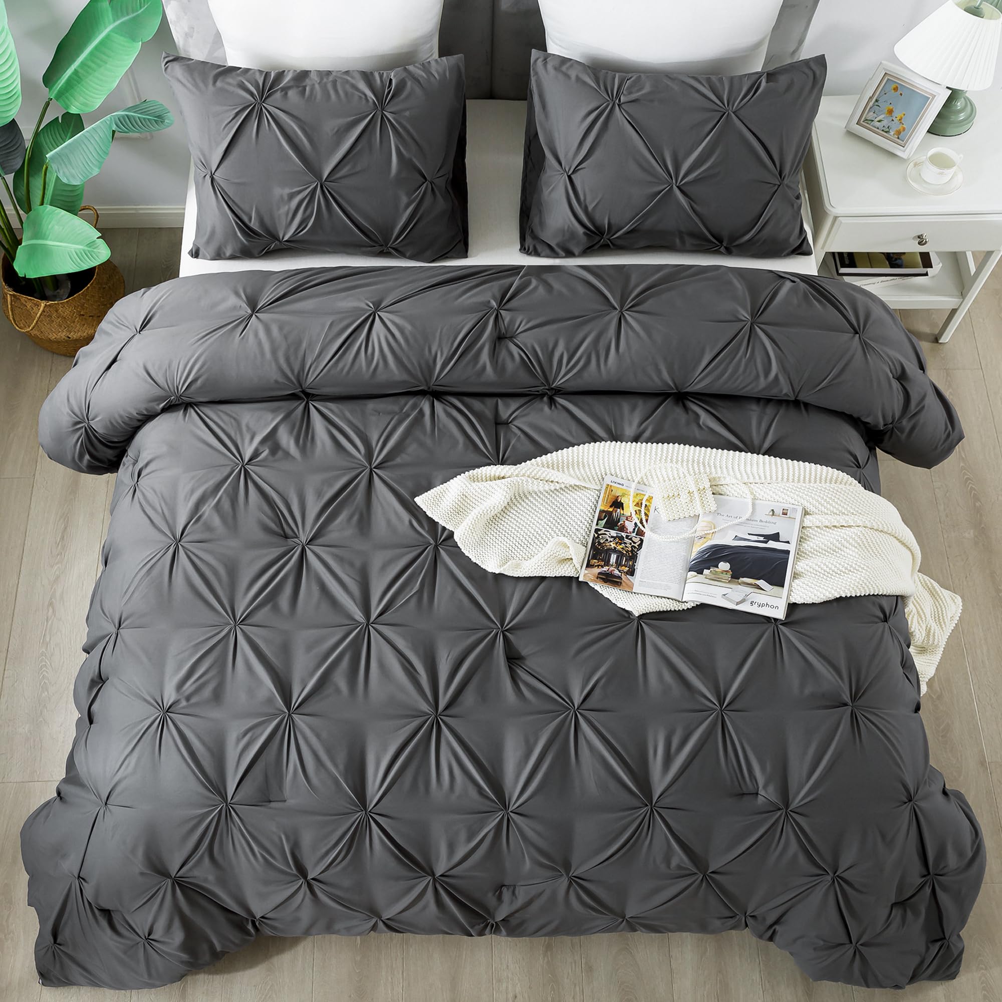 Andency Dark Grey King Size Comforter Set - 3 Piece Soft Microfiber Bedding Set with Pinch Pleat Design, Lightweight & Fluffy for All Seasons | Perfect for Master Bedroom, Guest Room & Cozy Home Decor