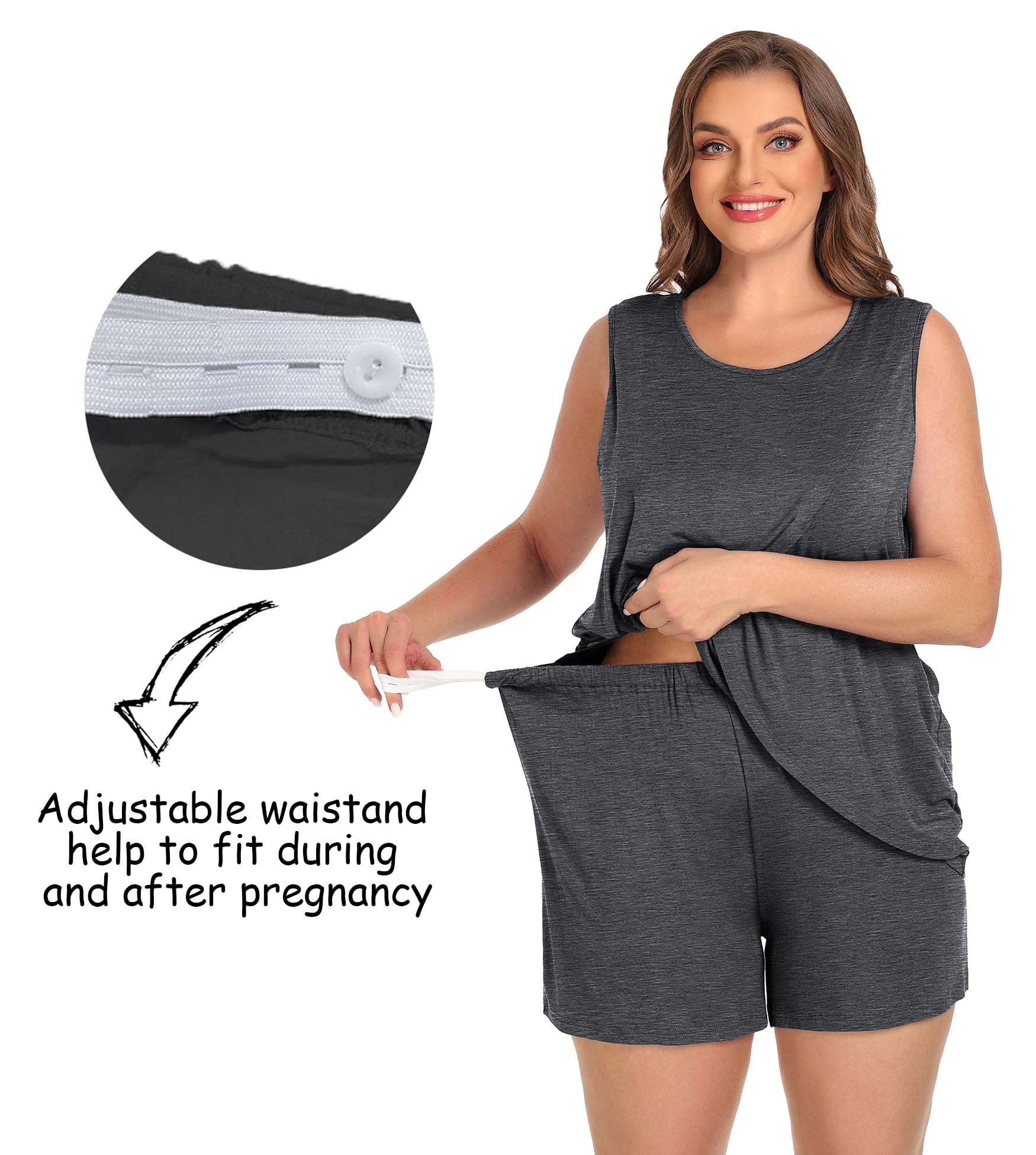 SWOMOG Women's Maternity Pajama Set - 3 Piece Nursing Sleepwear with Pockets, Sleeveless Breastfeeding Pajamas for Pregnancy & Postpartum Comfort - Perfect for Nighttime Nursing, Hospital Stay and Relaxing at Home