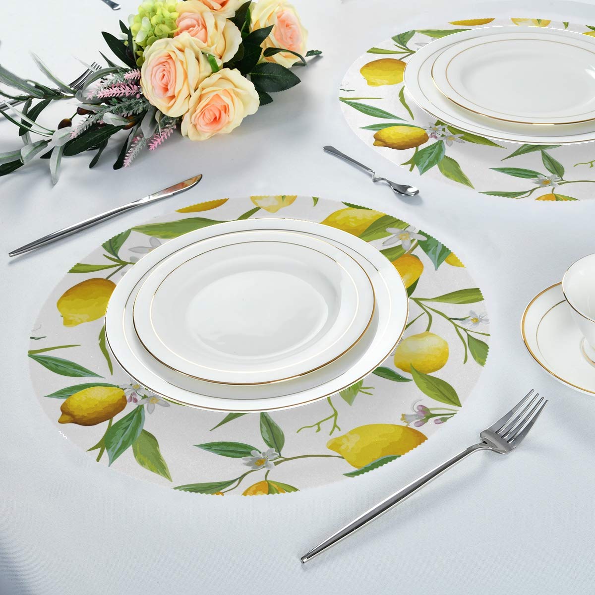 Blueangle Lemon Placemats Set of 4 - Non-Slip Round Table Mats for Dining, Heat Resistant & Decorative - Perfect for Kitchen, Picnic, and Party Decorations