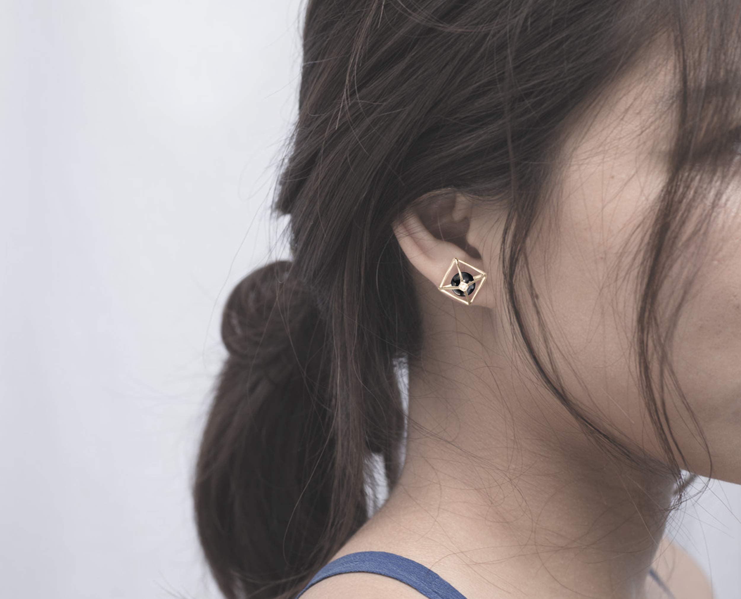 Majade Black Tourmaline Earrings - 14K Yellow Gold Handmade Geometric Pyramid Stud Earrings with Diamond Accents | Perfect for Gift Giving, Weddings & Everyday Elegance