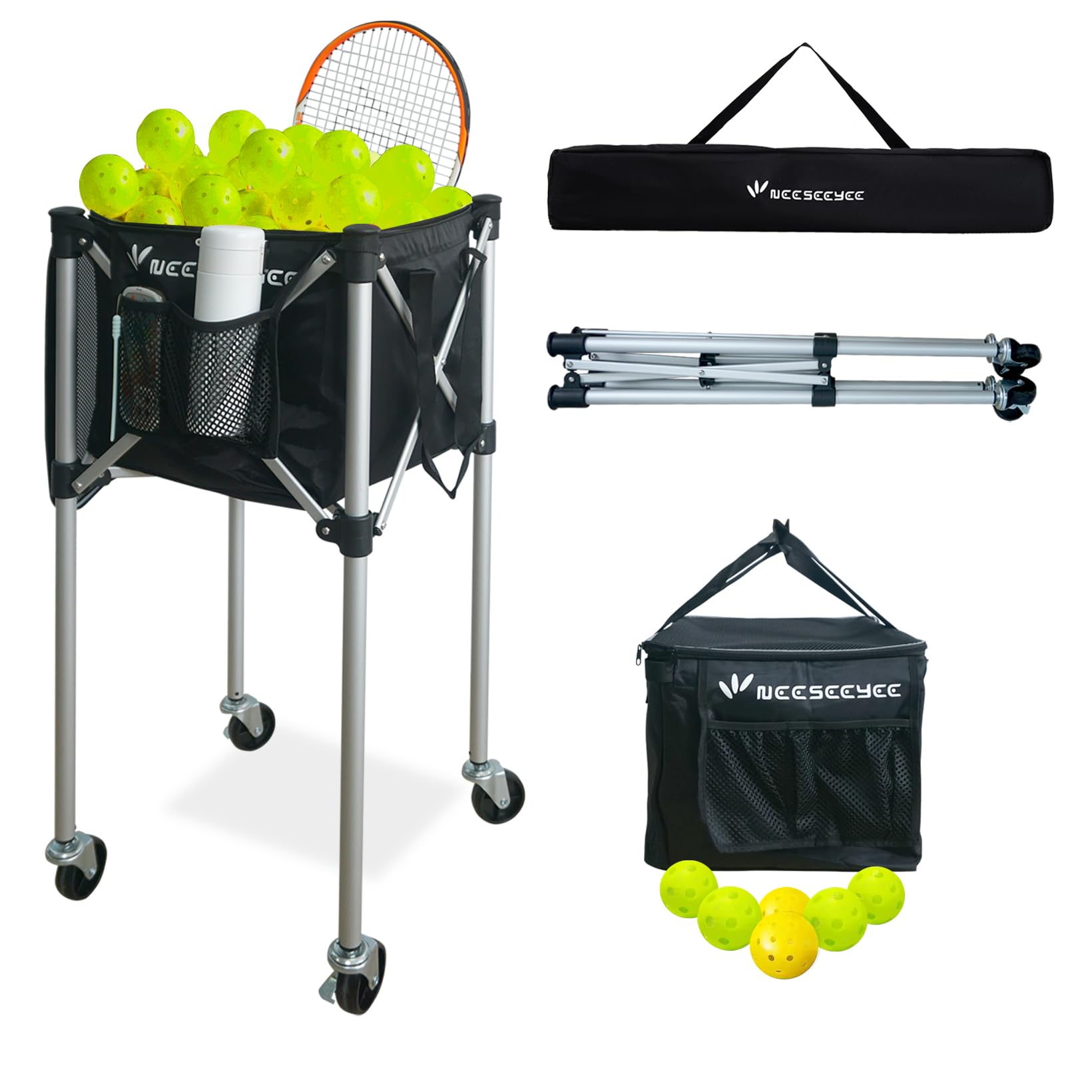 Portable Tennis Ball Hopper with Wheels - Holds 160 Balls for Tennis, Racquetball, Pickleball, Baseball & Badminton - Perfect for Practice, Training & Court Cleanup