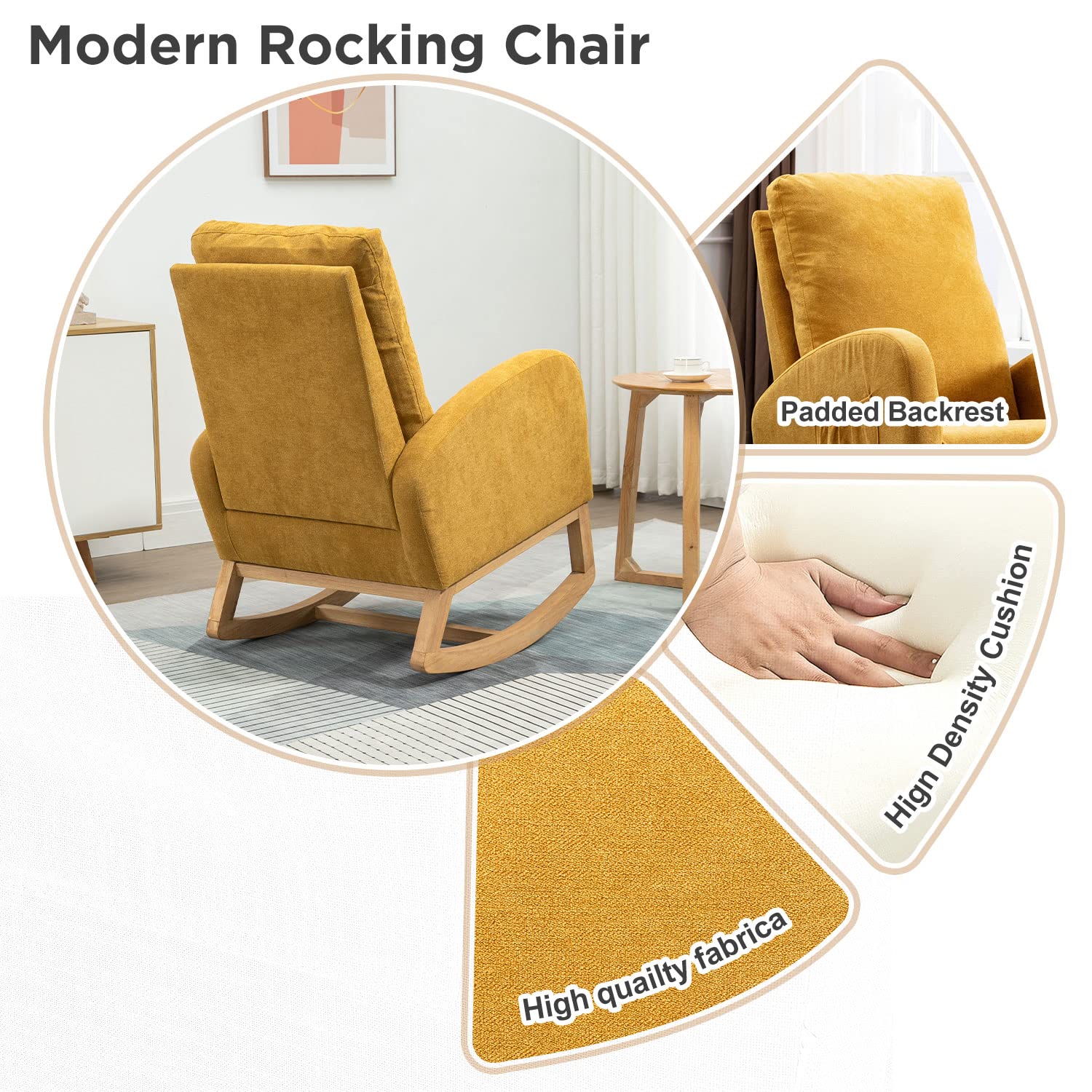 Modern Upholstered Glider Rocker Chair - Nursery Rocking Chair with Side Pocket, Comfortable Armchair for Living Room, Bedroom & Nursery (Yellow) - Perfect for Breastfeeding, Relaxing & Nursery Decor