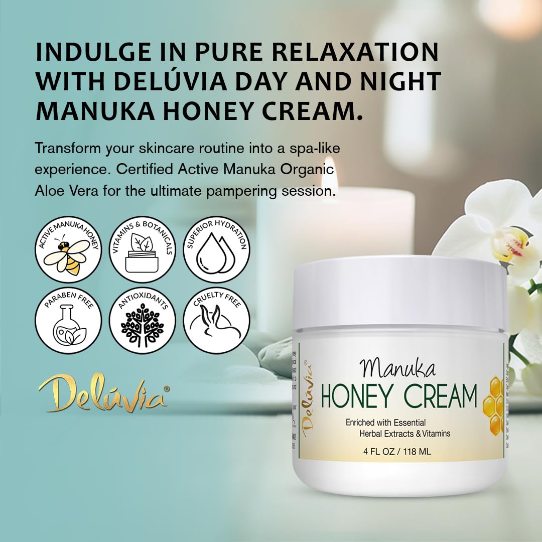 Deluvia Manuka Honey Cream - Hydrating & Soothing Moisturizer for Face & Body | Sensitive Skin Care for Eczema, Psoriasis & Dermatitis | 4 oz | Perfect for Daily Skincare & Dry Skin Relief