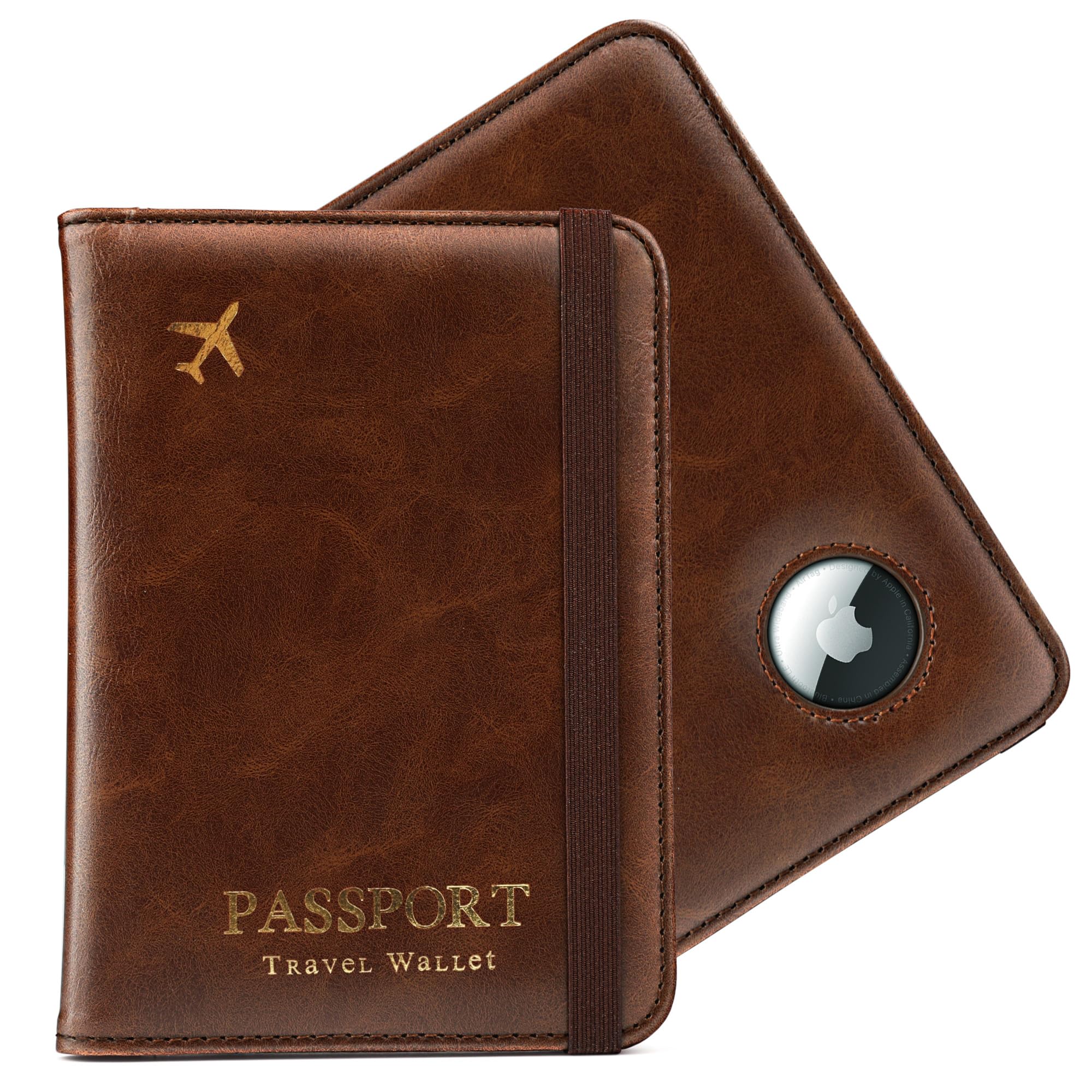 RFID Blocking Leather Passport Holder with AirTag Slot - Slim Anti-Lost Travel Wallet for Women & Men | Perfect for Family Vacations, Business Trips & International Travel | Christmas & Birthday Gift Idea (Brown)
