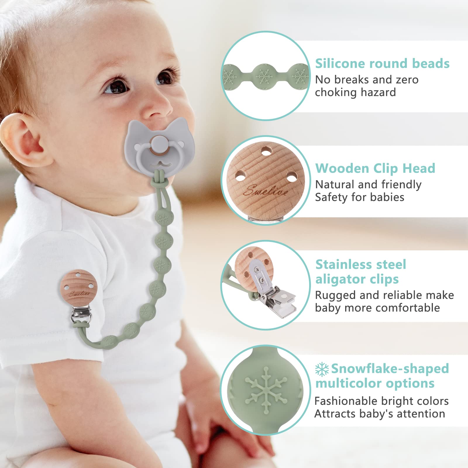 2 Pack Baby Pacifier Clips for Boys & Girls - Wooden Design Binky Holder Clips | One-Piece Pacifier Leash for Newborns | Perfect Baby Shower Gift & Everyday Use (Muted + Lilac) | Use at Home, Travel, Daycare & Outdoor Activities