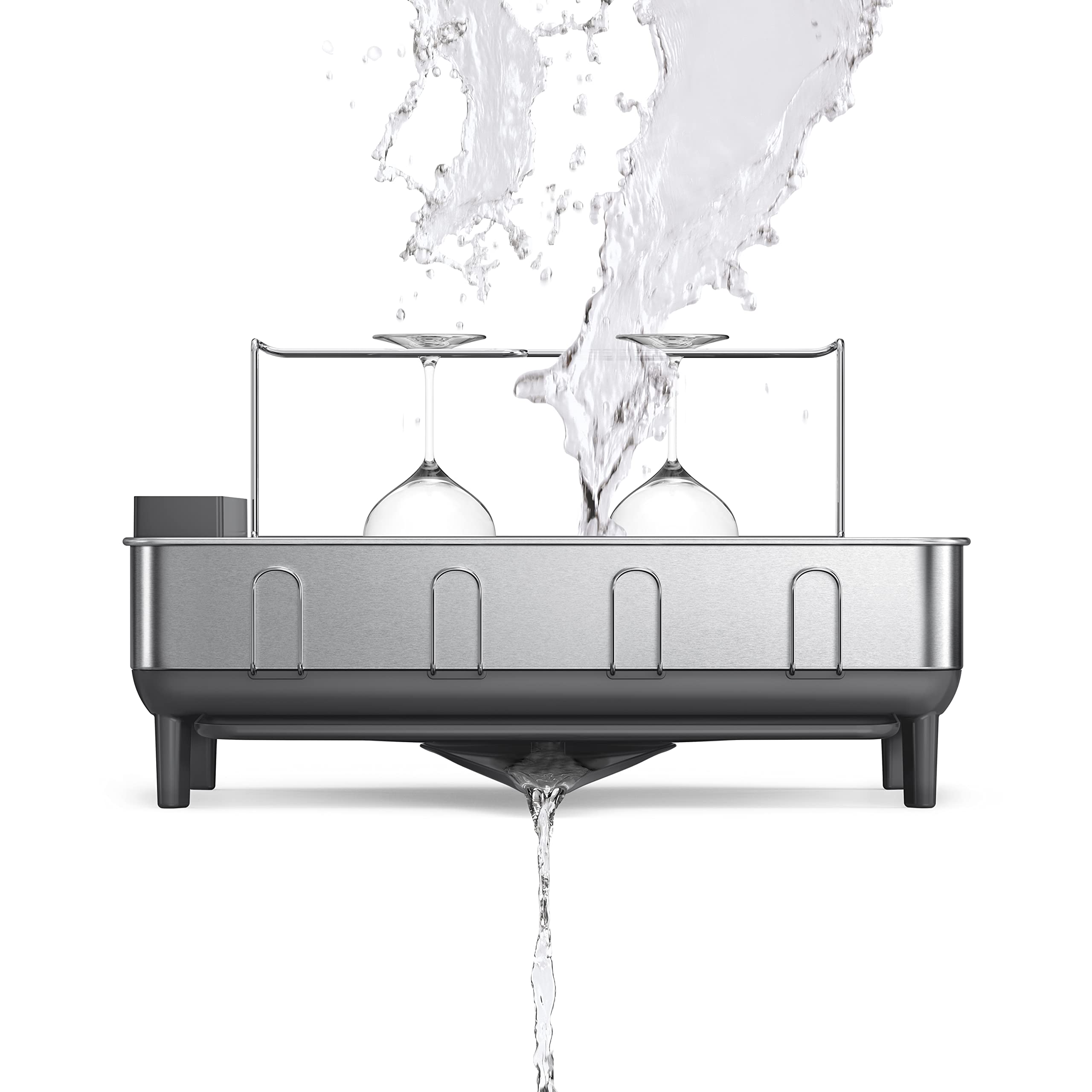 simplehuman Kitchen Dish Drying Rack with Swivel Spout | Fingerprint-Proof Stainless Steel Frame & Grey Plastic Tray | Space-Saving Countertop Organizer for Dishes, Cups & Utensils