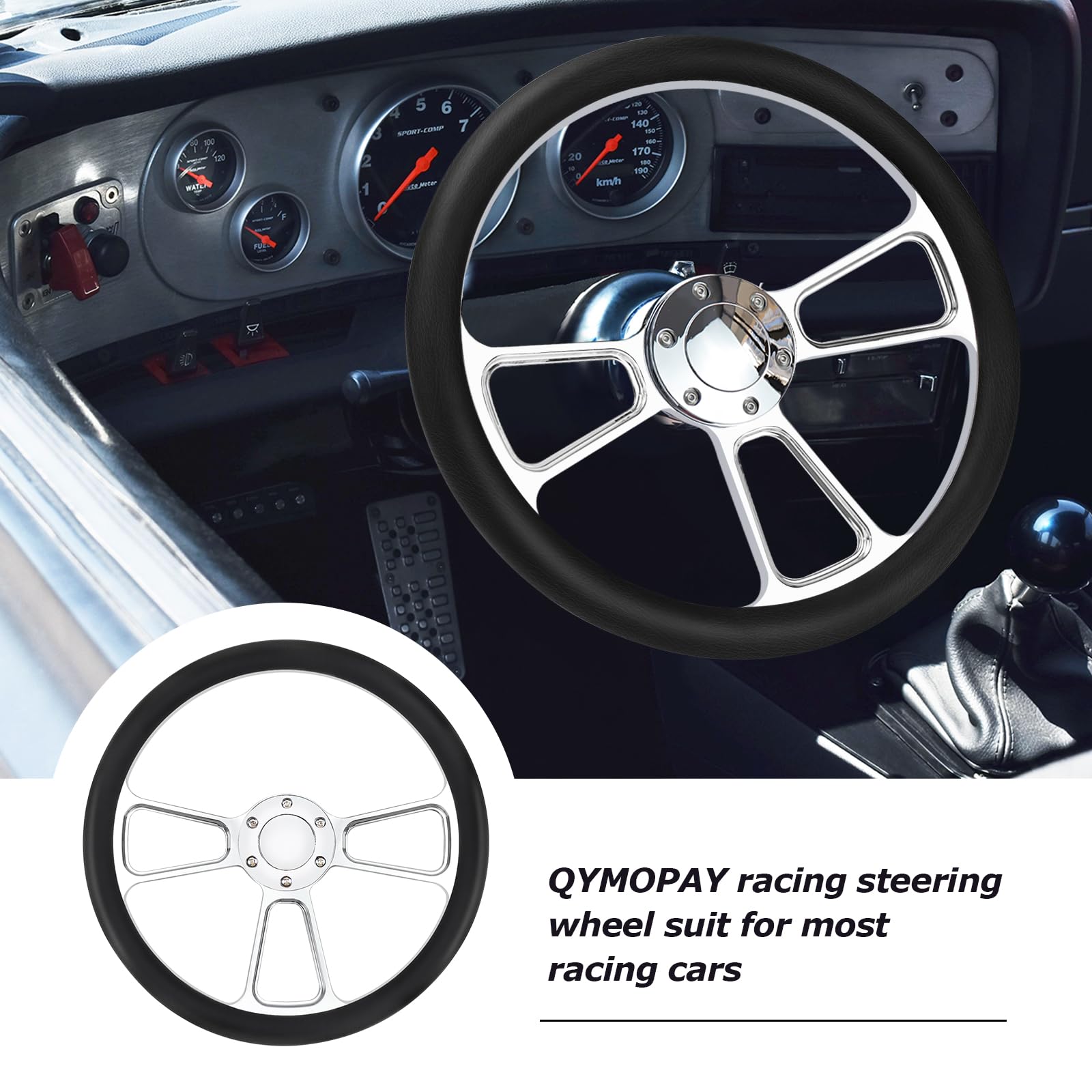 14 Inch Universal 6-Hole Silver Aluminum 3-Spoke Muscle Style Racing Steering Wheel with Horn Button & Leather Grip - Perfect for Car Enthusiasts, Racing Simulators & Custom Vehicle Upgrades