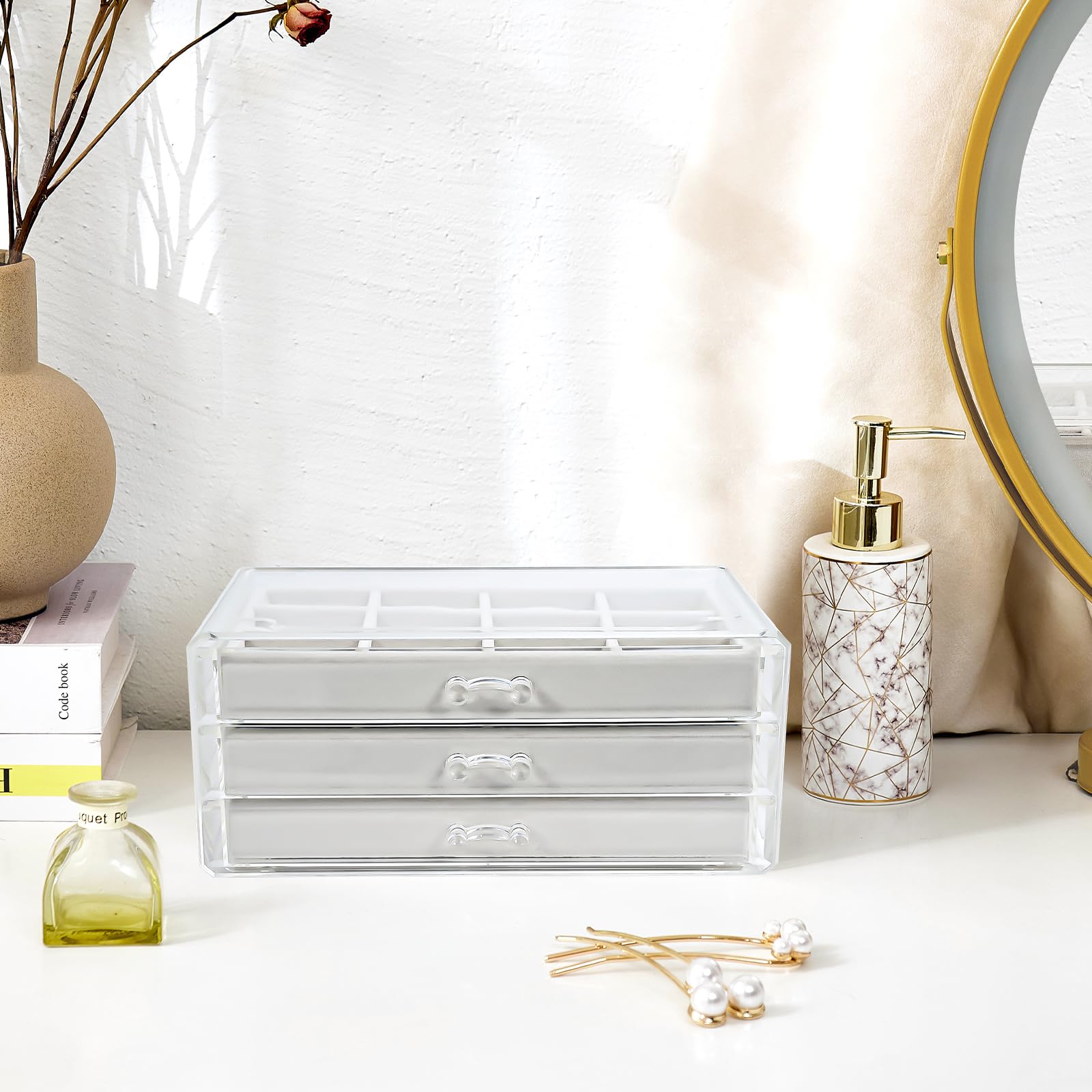ProCase Acrylic 3-Drawer Jewelry Box with Adjustable Velvet Trays - Clear Earring Holder Organizer for Women, Warm White | Perfect for Bedroom Vanity, Travel & Gift Giving