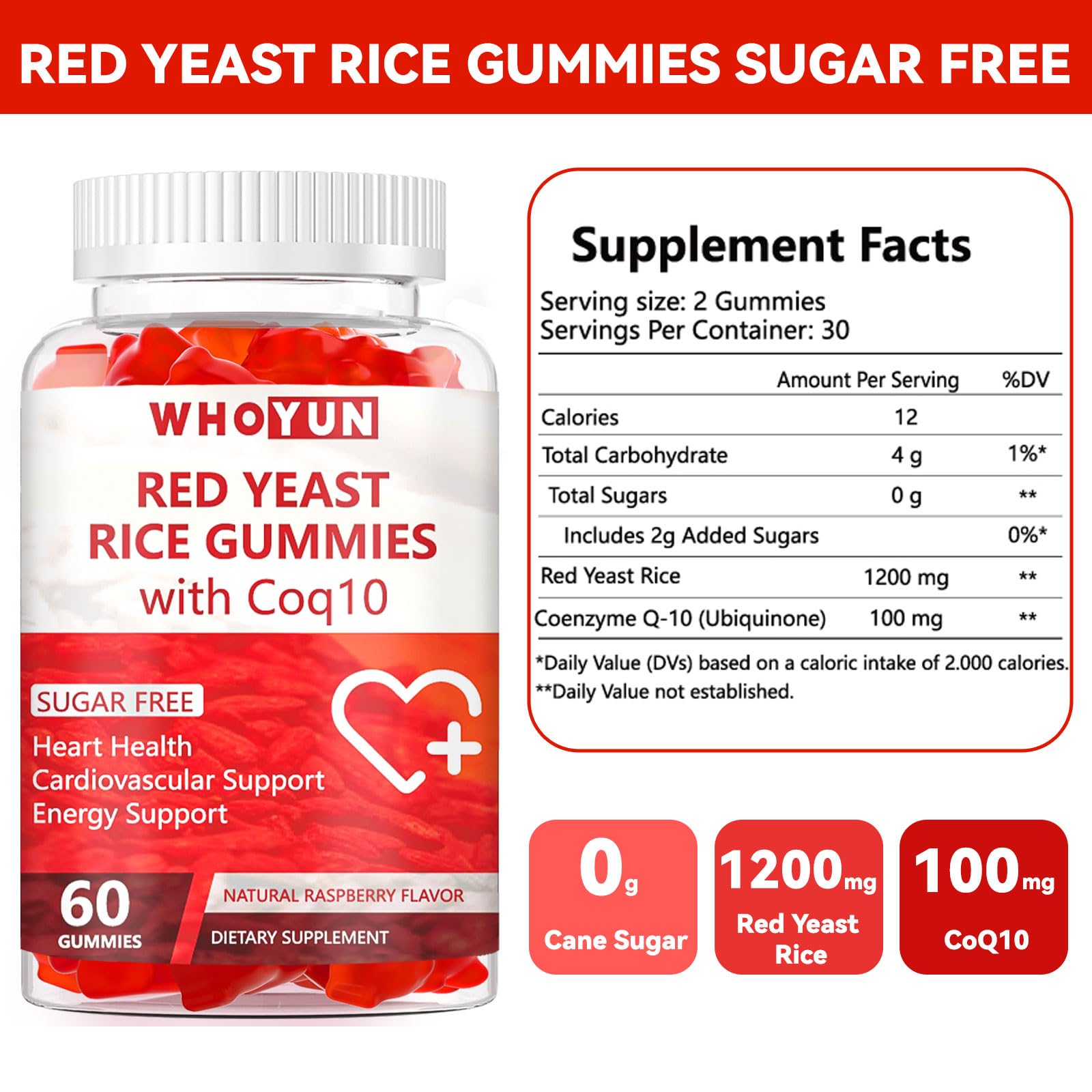 Red Yeast Rice with CoQ10 Sugar-Free Gummies - Natural Cholesterol Supplement for Heart Health Support - 60 Chewable Gummy Vitamins - Perfect for Daily Wellness & Cardiovascular Care