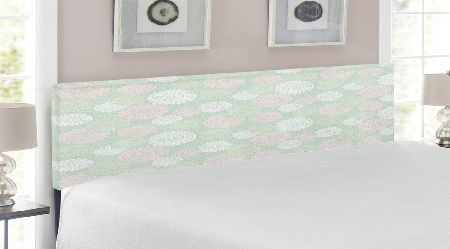 Ambesonne King Size Upholstered Headboard with Memory Foam - Pastel Dahlia Floral Pattern in Almond Green & Pink | Decorative Metal Bed Frame for Master Bedroom, Guest Room & Nursery