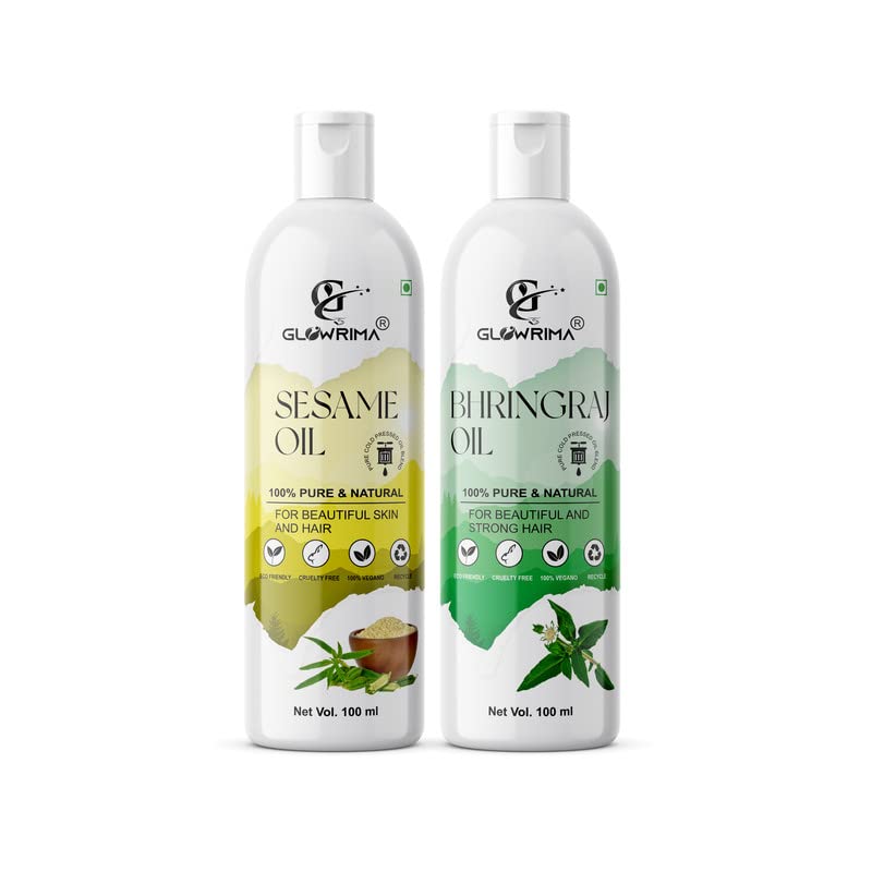 Glowrima 100% Pure Sesame Oil & Bhringraj Oil Combo (100ML Each) - Promotes Rapid Hair Growth, Reduces Hair Fall, Repairs Split Ends for Softer & Shinier Hair - Natural Hair Care Solution for Daily Use, Scalp Massage & Hair Treatment (Pack of 2)