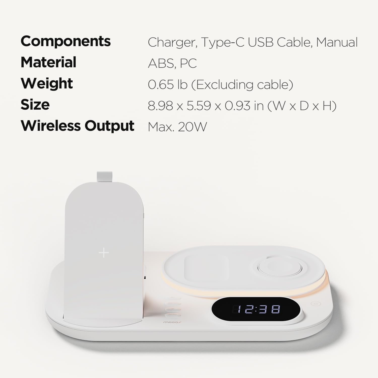 MOOAS 4-in-1 Fast Wireless Charging Station with LED Digital Clock & Night Light - Qi-Certified Charger for iPhone 15/14, Galaxy S24/S23, AirPods, Galaxy Buds & Apple Watch - Perfect for Bedroom, Office & Travel Charging Needs