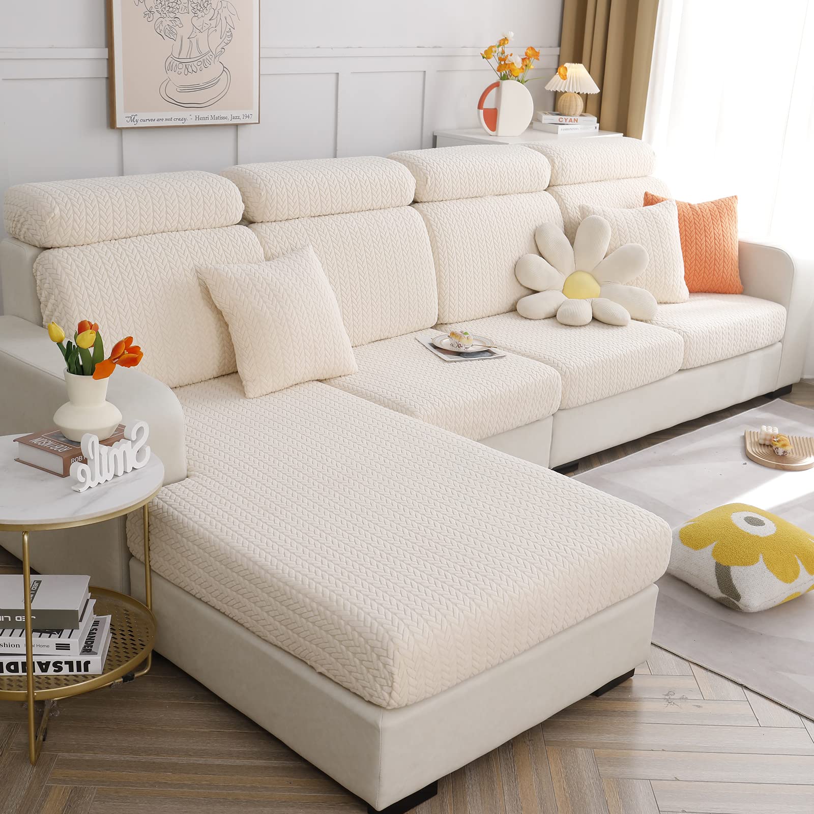 Stretch Universal Sofa Cover - Anti-Slip Elastic Couch Slipcover for Sectional, L-Shape & Chaise Lounge - Furniture Protector (Beige) | Perfect for Living Room, Family Room & Home Decor Protection