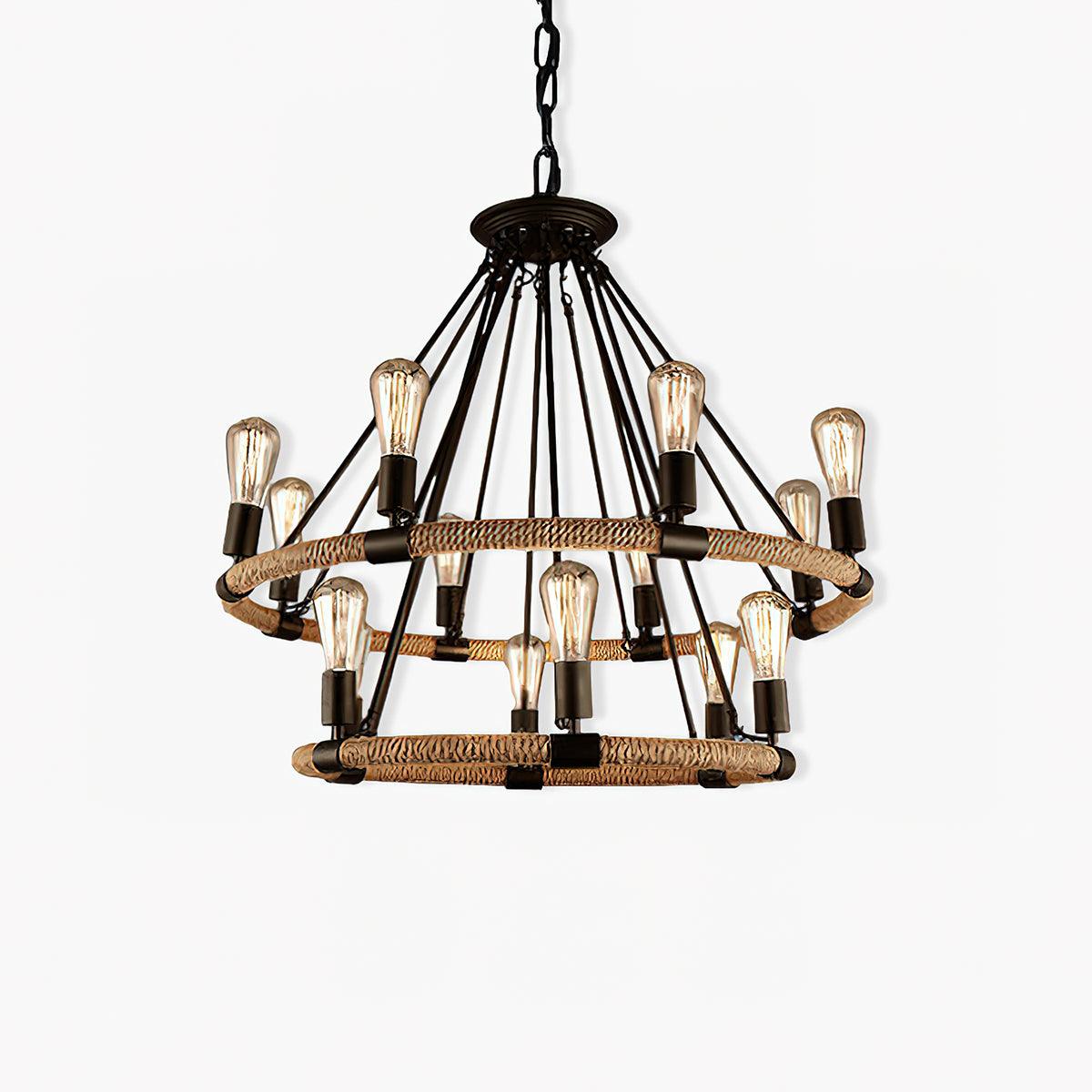 Industrial Hemp Rope Large Circle Chandelier - Farmhouse Rustic Ceiling Light Fixture for Dining Room, Living Room, Bedroom Decor