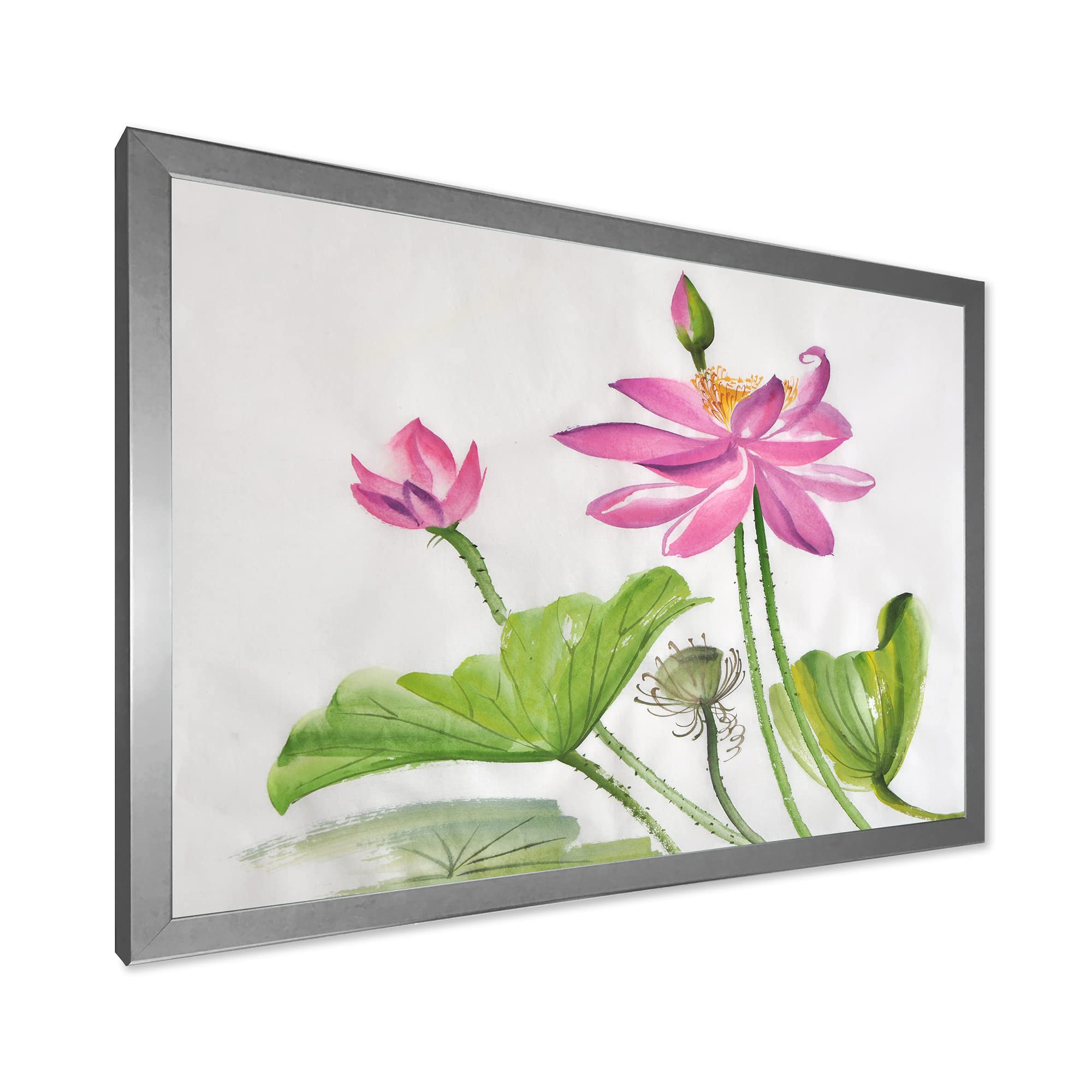DesignQ Traditional Framed Wall Art - Two Pink Lotus Flowers Painting for Home Decor, Living Room, Bedroom & Office